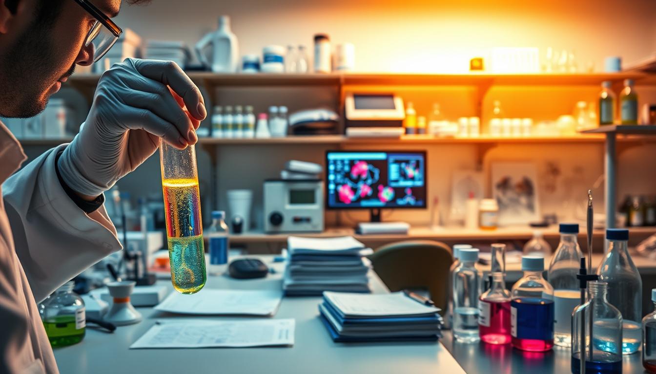 A laboratory workspace filled with precision instruments, glassware, and scientific equipment. In the foreground, a researcher examines a vial containing a vibrant, glowing liquid - a promising CCK receptor agonist for weight loss research. The middle ground features a stack of reference materials, notes, and a computer monitor displaying molecular models and data visualizations. In the background, shelves hold neatly organized samples, chemicals, and other research materials, bathed in a warm, focused lighting that creates a sense of scientific inquiry and discovery.
