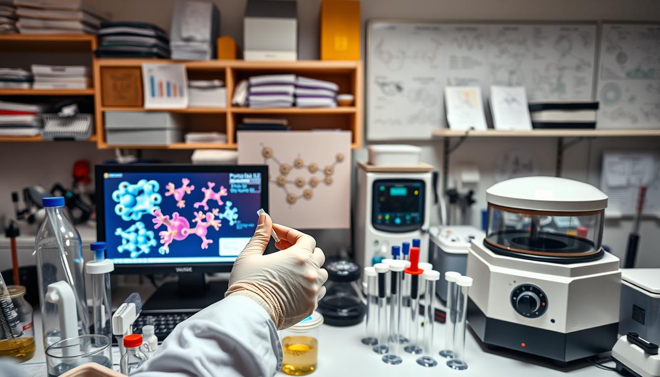 A laboratory workspace with various scientific instruments and equipment, including pipettes, test tubes, and a centrifuge. In the foreground, a researcher's hands carefully manipulating a sample under vibrant, focused lighting. In the middle ground, a computer monitor displays molecular structures and data visualizations related to pancreatic enzymes. The background features scientific diagrams, charts, and shelves of reference materials, creating a dynamic, technical atmosphere conducive to solving optimization challenges.