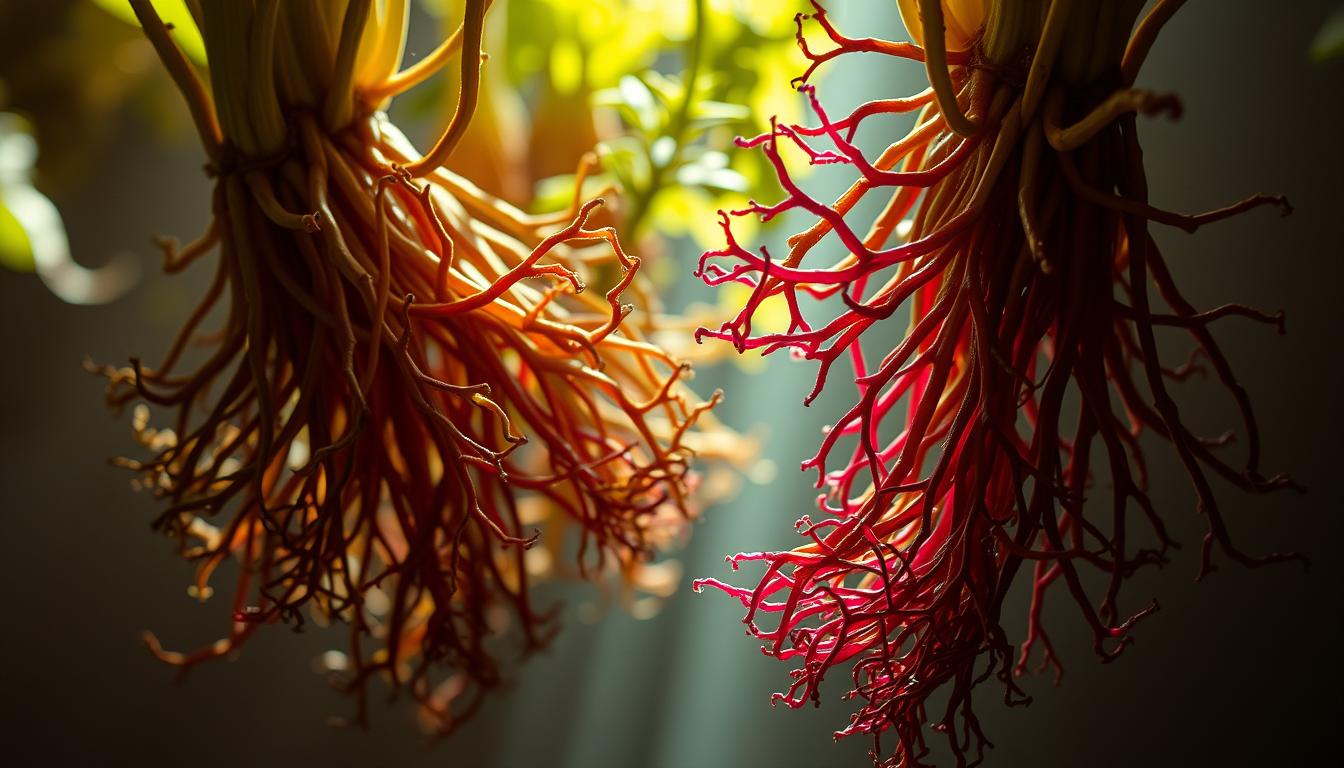 A lush, intricate close-up of the vibrant, fleshy roots of Coleus forskohlii, an ancient Ayurvedic herb. The roots are suspended in an ethereal, sepia-toned environment, their intricate, branching structures illuminated by soft, natural lighting from an unseen source. The roots appear to emerge from the darkness, their vibrant hues of green, red, and purple creating a mesmerizing, almost otherworldly composition. The scene conveys a sense of the plant's deep, historical connection to traditional medicine, as well as the modern scientific interest in its active compound, forskolin, and its potential as a natural fat-burning supplement.