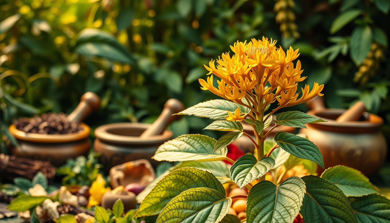 A lush, verdant backdrop of ancient Ayurvedic herbs and botanicals, with a central focus on the vibrant, golden-hued forskolin plant. The foreground showcases the plant's distinctive leaves and flowers, their textures and shapes rendered in intricate detail. The middle ground features traditional Ayurvedic implements, such as mortar and pestles, conveying the traditional roots of this natural remedy. The background is bathed in warm, soft lighting, creating a serene, timeless atmosphere that evokes the rich history and holistic approach of Ayurvedic medicine. The overall composition strikes a balance between the natural and the spiritual, reflecting the deep-rooted connections between this traditional practice and the modern understanding of forskolin's therapeutic potential. A lush, verdant backdrop of ancient Ayurvedic herbs and botanicals, with a central focus on the vibrant, golden-hued forskolin plant. The foreground showcases the plant's distinctive leaves and flowers, their textures and shapes rendered in intricate detail. The middle ground features traditional Ayurvedic implements, such as mortar and pestles, conveying the traditional roots of this natural remedy. The background is bathed in warm, soft lighting, creating a serene, timeless atmosphere that evokes the rich history and holistic approach of Ayurvedic medicine. The overall composition strikes a balance between the natural and the spiritual, reflecting the deep-rooted connections between this traditional practice and the modern understanding of forskolin's therapeutic potential.