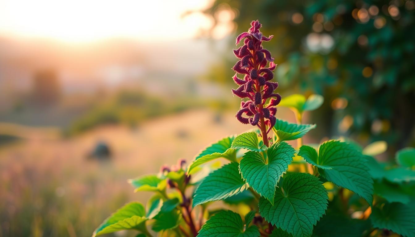 A lush, verdant coleus forskohlii plant stands prominently in the foreground, its vibrant green leaves and purple-tinged stems capturing the eye. In the middle ground, a subtle play of warm, natural lighting highlights the plant's intricate details, casting soft shadows that add depth and dimension. The background is a serene, blurred landscape, conveying a sense of peaceful contemplation. The overall scene exudes a vibrant, calming atmosphere, showcasing the power and potential of this remarkable weight-loss herb.