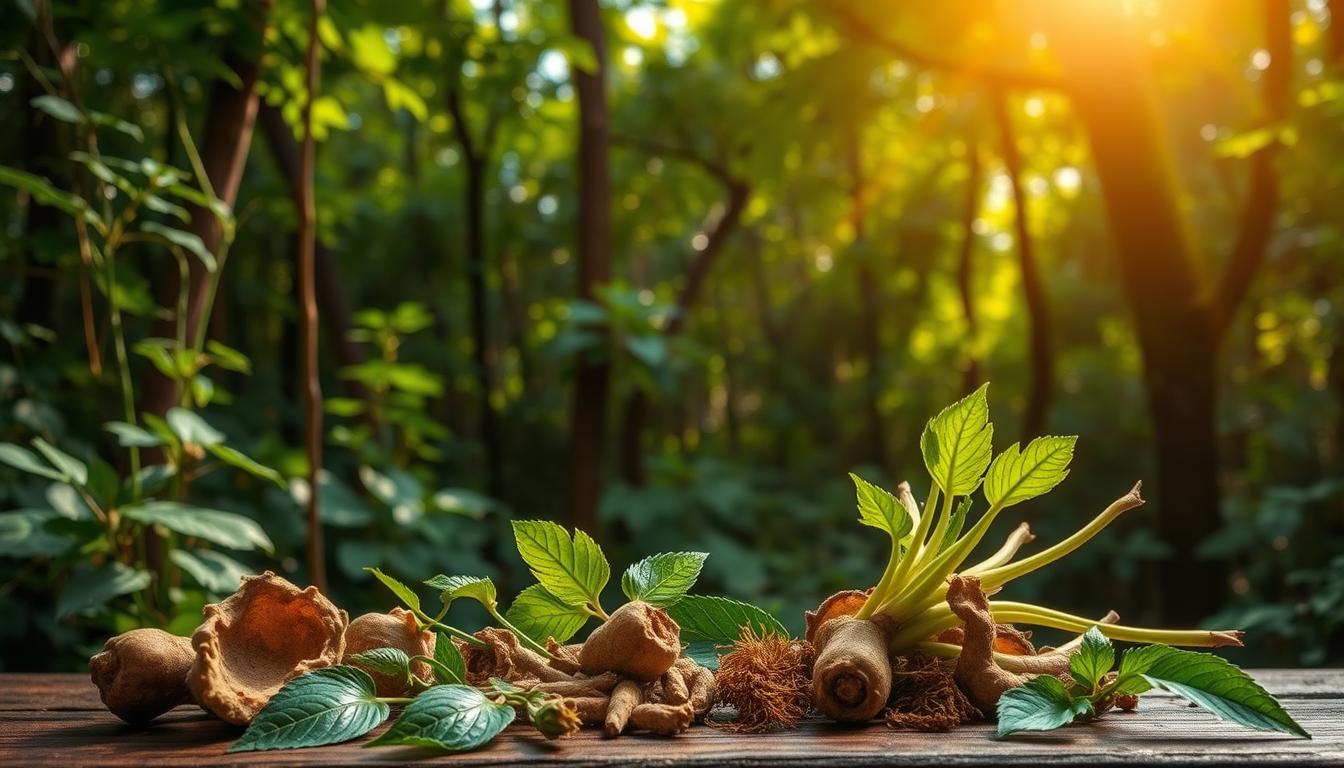 A lush, verdant forest backdrop sets the stage, sunlight filtering through the canopy, casting a warm, vibrant glow. In the foreground, a display of traditional medicinal herbs and roots unfolds, including the distinctive leaves and bulbs of the forskolin plant. The composition emphasizes the plant's origins, highlighting its natural habitat and the long-standing traditional uses associated with it. The scene conveys a sense of balance, with the forskolin specimens presented in a thoughtful, almost reverential manner, inviting the viewer to appreciate its historical significance and therapeutic potential.
