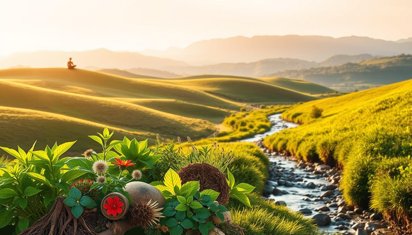 A lush, verdant landscape with rolling hills and a meandering stream, bathed in warm, golden sunlight. In the foreground, a diverse array of natural herbs and botanicals, including lush green leaves, vibrant flowers, and earthy roots. The midground features a serene figure sitting in a meditative pose, surrounded by an aura of calm and focus. In the background, a distant, hazy mountain range stands tall, conveying a sense of balance and harmony. The overall scene exudes a feeling of tranquility and a natural approach to managing blood pressure.