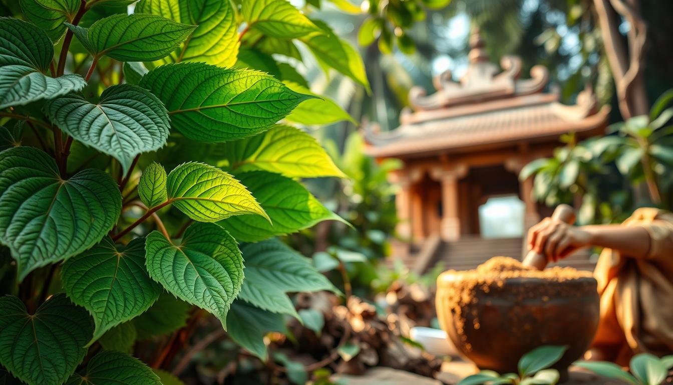 A lush, verdant scene depicting the traditional uses of coleus forskohlii. In the foreground, vibrant green leaves with intricate, textured patterns sway gently in the light breeze. The midground showcases a traditional healer grinding the plant's roots into a fine powder, their hands skillfully working the mortar and pestle. In the background, a serene temple or shrine stands, its ornate architecture and warm, muted tones creating a sense of timeless wisdom and ancient knowledge. The lighting is soft and natural, highlighting the plant's vibrant hues and the healer's focused concentration. The overall atmosphere conveys the deep-rooted, traditional significance of coleus forskohlii in holistic healing practices.