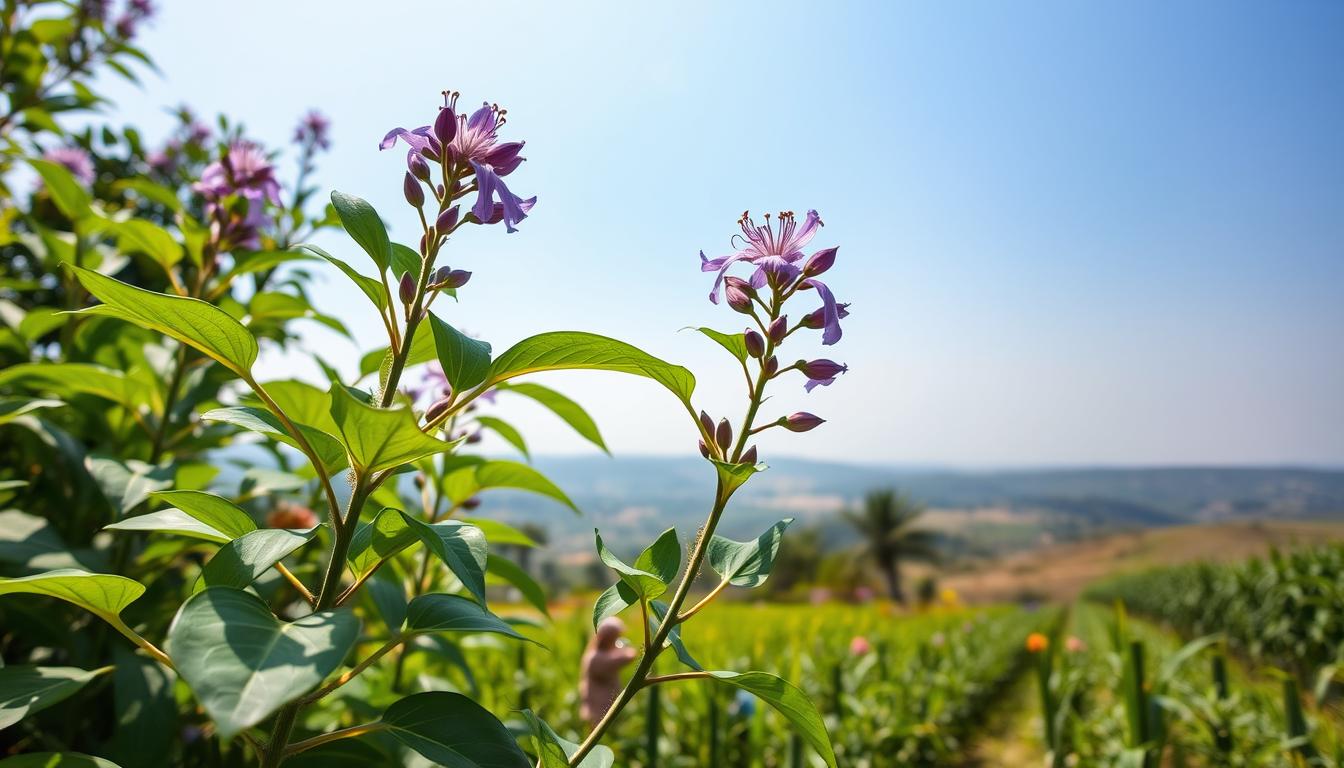 A lush, vibrant Ayurvedic medicinal plant stands in the foreground, its broad, green leaves gently swaying in the warm breeze. The plant's distinctive purple flowers bloom atop slender stems, their petals unfurling to reveal a captivating central stamen. The mid-ground showcases a traditional Ayurvedic herbal garden, filled with a diverse array of fragrant, medicinal herbs and plants. In the background, a serene landscape unfolds, with rolling hills and a clear blue sky overhead, creating a tranquil, natural setting. The lighting is soft and diffused, accentuating the plant's vibrant colors and textures. Captured with a wide-angle lens, the image conveys a sense of harmony and the deep-rooted connection between the Ayurvedic tradition and the natural world.