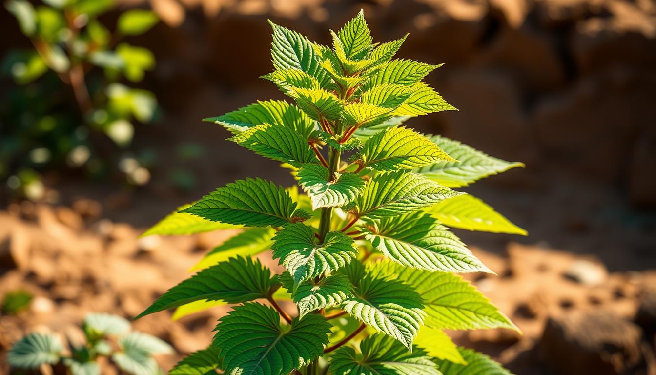 A lush, vibrant coleus forskohlii plant standing tall, its large, serrated leaves unfurling in a verdant display. The plant is illuminated by warm, natural sunlight, casting gentle shadows and highlights that accentuate the intricate patterns and hues of the foliage. The background is a softly blurred, earthy landscape, allowing the plant to take center stage. The overall scene evokes a sense of botanical wonder and the natural origins of the forskolin compound. Captured with a medium-range camera lens, the image showcases the plant's captivating beauty and medicinal potential.