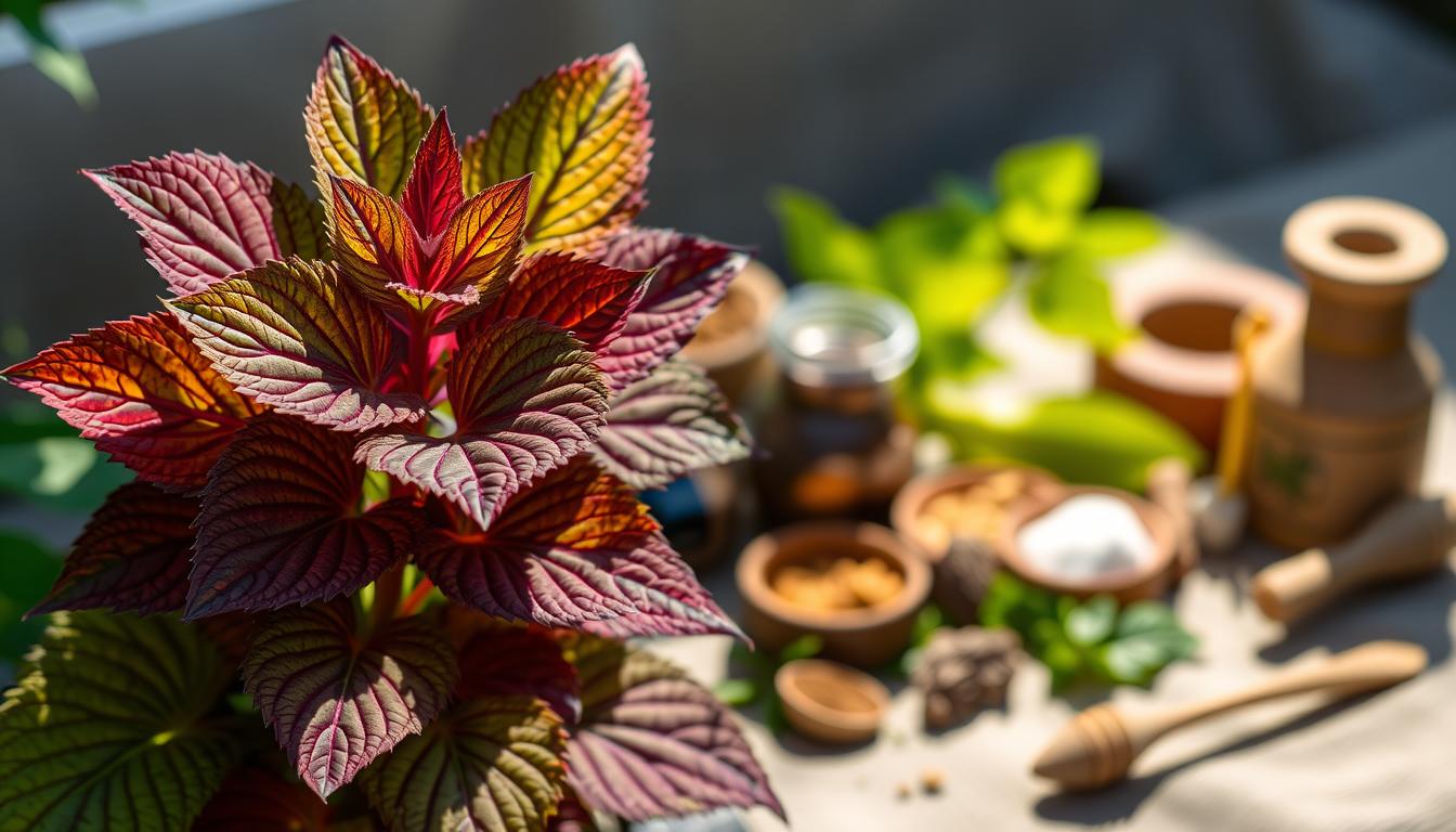 A lush, vibrant coleus forskohlii plant stands prominently in the foreground, its leaves a tapestry of rich greens, purples, and reds. The plant is captured in natural light, casting gentle shadows that accentuate its intricate textures and patterns. In the middle ground, traditional medicine ingredients and tools are arranged artfully, hinting at the plant's historical use in holistic practices. The background is softly blurred, allowing the viewer to focus on the captivating details of the plant and its associated elements. The overall mood is one of reverence and appreciation for the plant's medicinal properties and its role in traditional healing.