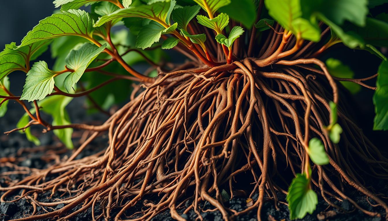 A lush, vibrant coleus forskohlii plant with its intricate root system sprawling across the frame. The roots are depicted in vivid detail, showcasing their intricate branching patterns and rich, earthy tones. The plant is illuminated by soft, diffused lighting, casting gentle shadows that accentuate the textures and contours of the roots. The background is blurred, keeping the focus on the captivating root structure. The overall mood is one of natural wonder and scientific curiosity, inviting the viewer to explore the origins and traditional uses of this remarkable botanical.