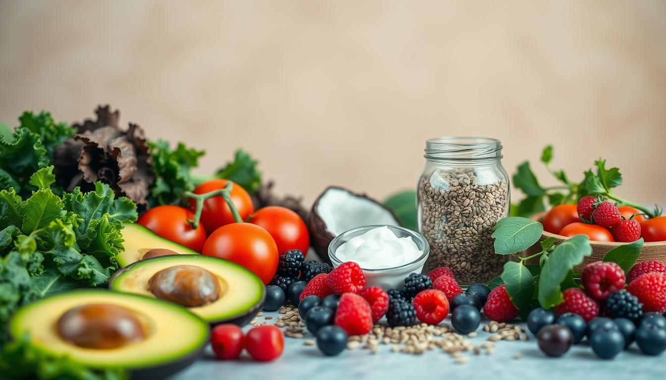 A lush, vibrant still life showcasing the essence of the vegan keto lifestyle. In the foreground, an array of nutrient-dense plant-based ingredients - fresh avocados, crisp kale, juicy tomatoes, and creamy coconut yogurt. The middle ground features a sleek, modern glass jar filled with nutty chia seeds and a scattering of vibrant berries. Soft, diffused lighting illuminates the scene, casting a warm, inviting glow. In the background, a minimalist, earthy-toned backdrop provides a serene, grounding presence. The overall composition exudes a sense of balance, health, and culinary artistry, perfectly capturing the ethos of the vegan keto lifestyle.
