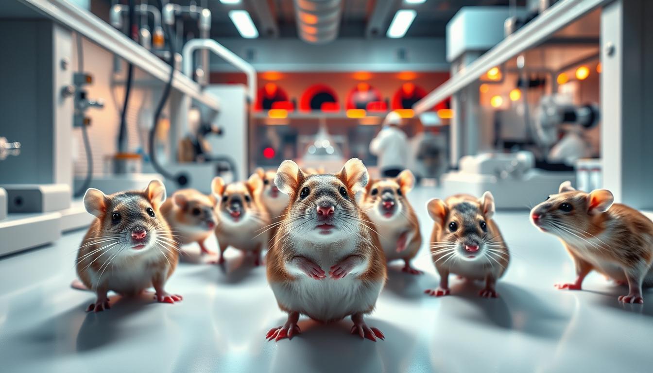 A meticulously detailed laboratory setting, with a central focus on a group of laboratory animals - rodents, perhaps mice or rats - engaged in various stages of scientific research. The animals are depicted with a sense of clinical objectivity, their expressions and behaviors conveying the gravity of their role as research models. The background is dominated by the sterile, well-lit environment of the lab, with gleaming equipment, precise instrumentation, and a sense of controlled experimentation. Vibrant hues of steel, glass, and pristine white surfaces create a visually striking and technically accurate representation of the evaluation of animal research models for supplement testing. A meticulously detailed laboratory setting, with a central focus on a group of laboratory animals - rodents, perhaps mice or rats - engaged in various stages of scientific research. The animals are depicted with a sense of clinical objectivity, their expressions and behaviors conveying the gravity of their role as research models. The background is dominated by the sterile, well-lit environment of the lab, with gleaming equipment, precise instrumentation, and a sense of controlled experimentation. Vibrant hues of steel, glass, and pristine white surfaces create a visually striking and technically accurate representation of the evaluation of animal research models for supplement testing.