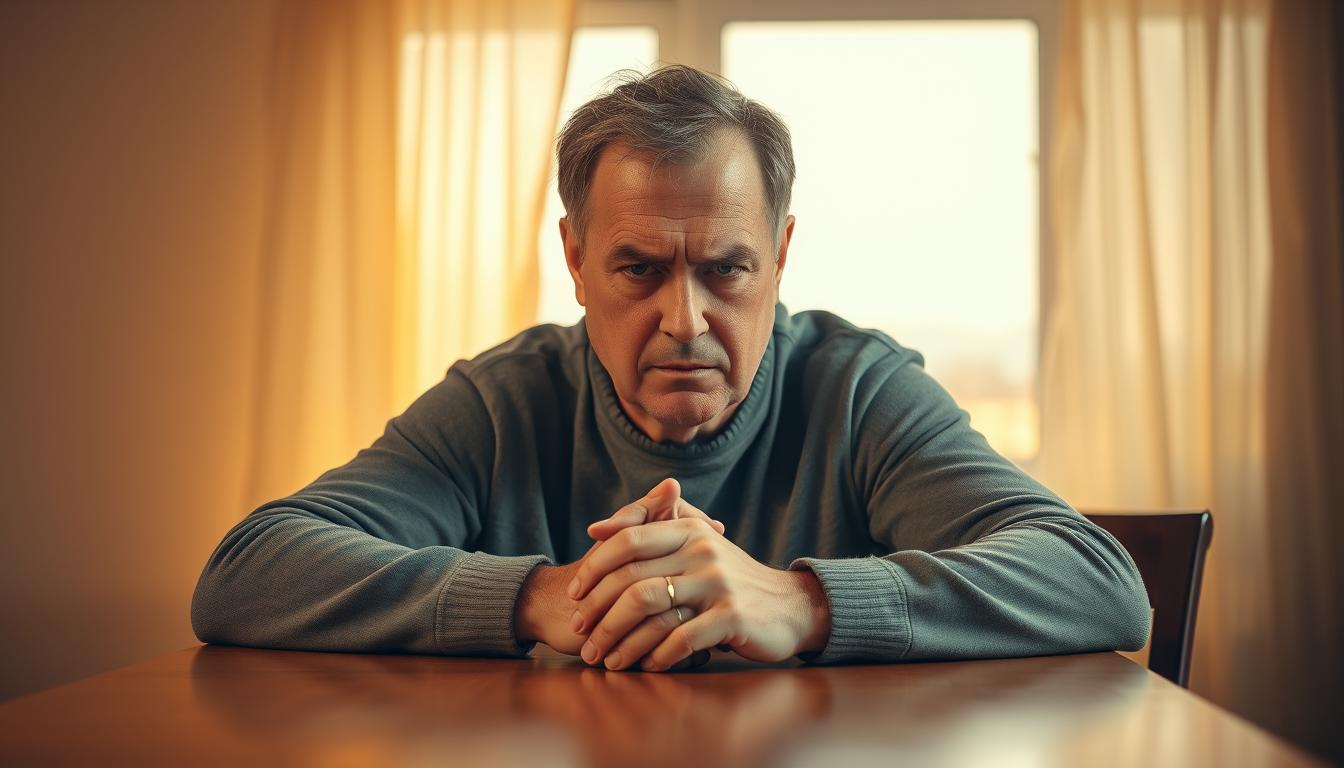 A middle-aged person sits at a table, expression pensive and brow furrowed. Their hands rest on the table, fingers gripping it tightly. The room is bathed in a vibrant, warm light, casting a soft glow on the scene. In the background, a vague, hazy landscape can be seen through a window, adding a sense of depth and introspection. The overall mood is one of concern and discomfort, reflecting the physical and emotional symptoms of CCK deficiency. A middle-aged person sits at a table, expression pensive and brow furrowed. Their hands rest on the table, fingers gripping it tightly. The room is bathed in a vibrant, warm light, casting a soft glow on the scene. In the background, a vague, hazy landscape can be seen through a window, adding a sense of depth and introspection. The overall mood is one of concern and discomfort, reflecting the physical and emotional symptoms of CCK deficiency.