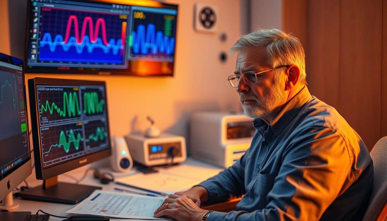 A middle-aged sleep apnea expert sits at a desk, surrounded by medical equipment and charts. The lighting is warm and vibrant, casting a thoughtful glow on their face as they analyze data on a computer screen. In the background, a wall-mounted display shows a detailed visualization of sleep stages and respiratory patterns. The expert's expression is one of deep concentration, reflecting their dedication to understanding and treating this complex condition. The overall scene conveys an atmosphere of authoritative expertise and a commitment to providing effective, technology-driven solutions.
