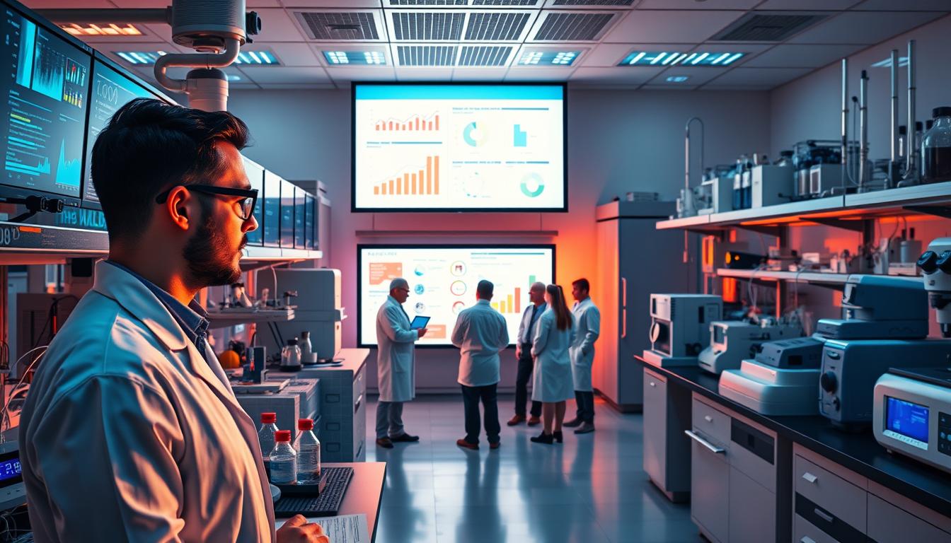 A modern scientific research laboratory, bathed in warm, vibrant lighting. In the foreground, a researcher intently examining data visualizations on multiple high-resolution displays, surrounded by an array of scientific instruments and equipment. In the middle ground, teams of scientists collaborate, deep in discussion over research findings, charts, and graphs projected on a large interactive whiteboard. The background showcases an impressive array of analytical tools, from mass spectrometers to centrifuges, all working in harmony to uncover the secrets of Forskolin's weight-loss properties. An atmosphere of focused intensity and discovery pervades the scene.