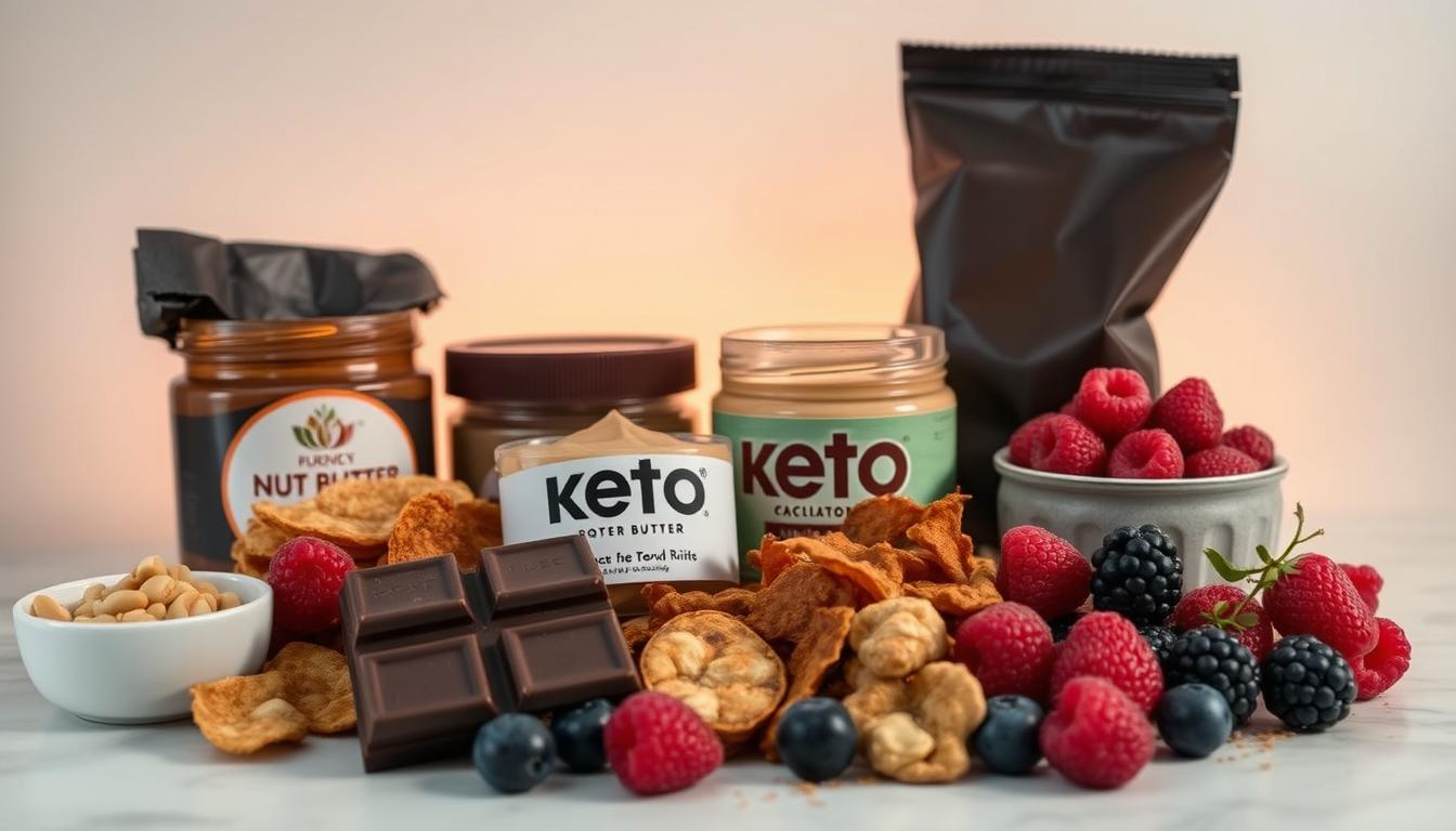A mouth-watering spread of keto-friendly snacks and treats, including rich dark chocolate, creamy nut butters, salty pork rinds, and juicy berries. The arrangement is artfully composed against a minimalist backdrop, with soft, warm lighting casting a cozy, inviting glow. The textures and colors create a visually vibrant and tempting scene, capturing the essence of keto cravings in a visually striking and appetizing way.