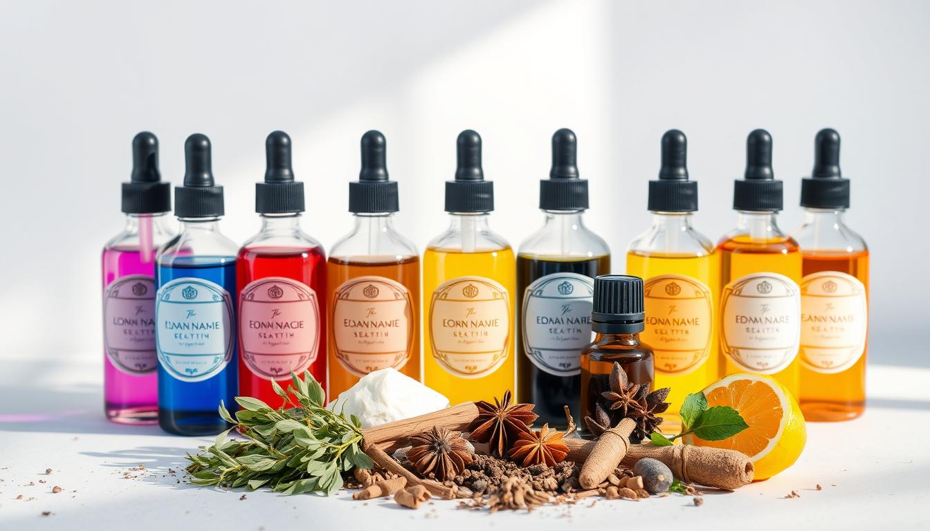 A neatly arranged display of glass bottles filled with vibrant essential oil blends, set against a clean, minimalist background. The bottles are expertly crafted, with elegant labels and dropper lids, showcasing a range of soothing scents. Soft natural lighting casts a warm glow, highlighting the rich hues and textures of the oils. In the foreground, a selection of herbs, spices, and other natural ingredients used in the blends are artfully arranged, creating a visually appealing and informative composition. The overall mood is calming and inviting, reflecting the intended use of these DIY essential oil remedies for natural snoring relief.