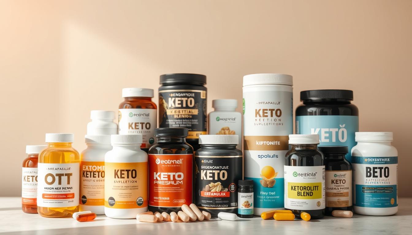 A neatly arranged display of various keto supplement categories, captured under warm, natural lighting with a slightly soft-focus lens. In the foreground, a selection of essential keto supplements stands out, including MCT oil, exogenous ketones, and electrolyte blends. The middle ground showcases a range of specialized formulas, such as keto-friendly protein powders, fiber supplements, and appetite-suppressing capsules. In the background, a subtle gradient of complementary earth tones creates a calming, wellness-inspired atmosphere, inviting the viewer to explore the key categories of the keto supplementation landscape.