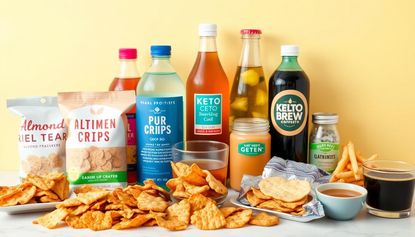 A neatly arranged spread of keto-friendly snacks and beverages against a vibrant, minimalist backdrop. In the foreground, a selection of low-carb treats like almond flour crackers, pork rinds, and cheese crisps. In the middle ground, various keto-approved drinks such as unsweetened iced tea, sparkling water, and cold brew coffee. The background features a clean, bright surface with subtle textures, creating a sense of freshness and simplicity. Soft, natural lighting accentuates the colors and textures of the items, conveying a vibrant, appetizing atmosphere.
