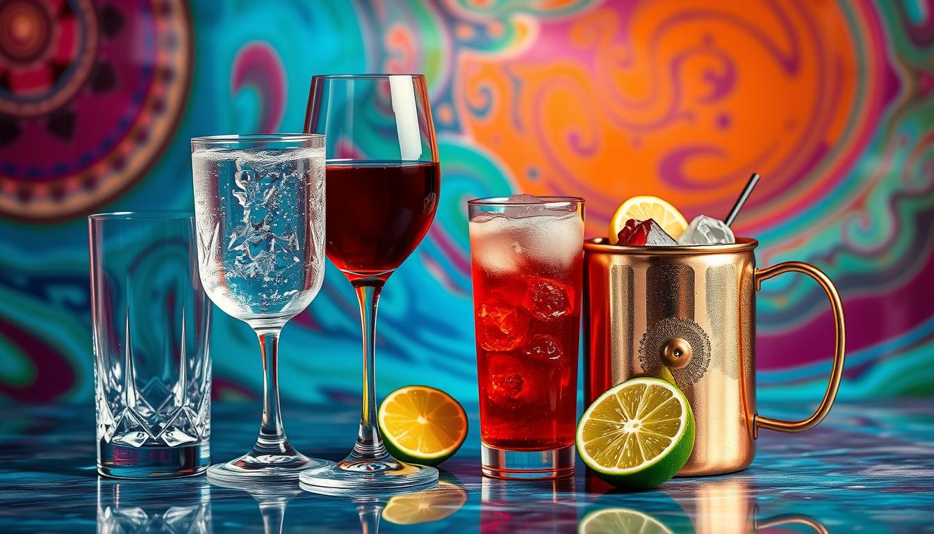 A neatly arranged still life of various low-carb alcoholic drinks, including a crystal tumbler filled with a clear, carbonated beverage, a slender wine glass with a deep red liquid, and a copper mug brimming with a refreshing, lime-infused cocktail. The drinks are set against a vibrant, swirling background of jewel-toned colors, casting a warm, inviting glow. The composition is balanced and visually appealing, showcasing the elegant, sophisticated nature of these low-carb alcohol choices.