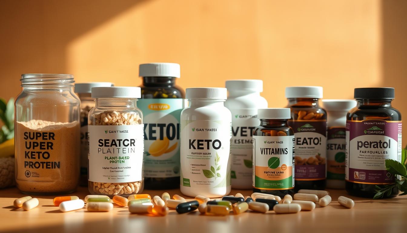 A neatly arranged still life of various vegan keto supplements, bathed in warm, natural lighting. In the foreground, glass jars and bottles filled with powdered superfoods, plant-based protein, and essential vitamins and minerals. The middle ground features a selection of capsules, tablets, and softgels, their labels showcasing their nutrient-dense, low-carb, and plant-based composition. In the background, a simple, vibrant backdrop, perhaps a wooden surface or neutral fabric, complements the organic feel of the scene. The overall impression is one of a carefully curated, visually appealing display of the tools necessary for navigating a vegan low-carb lifestyle and maintaining optimal nutritional balance.