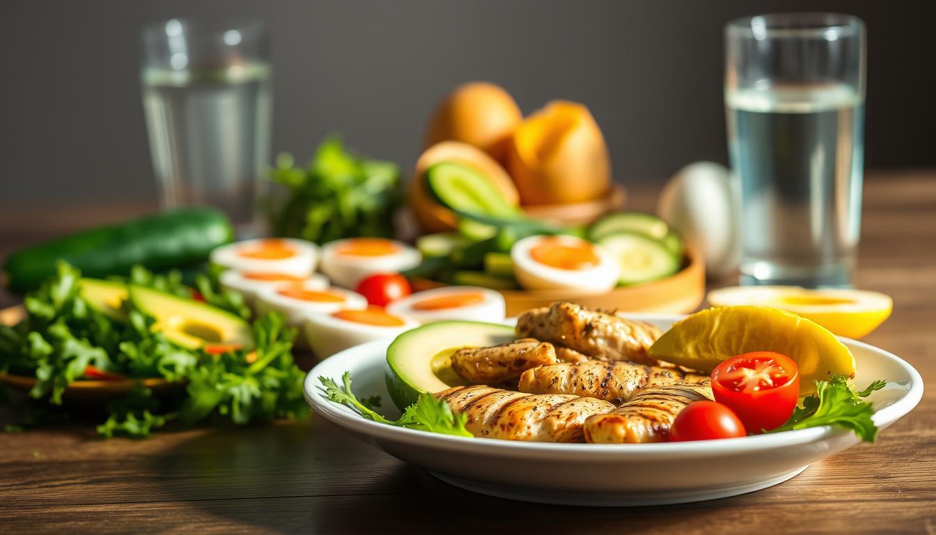 A neatly arranged still life showcasing an assortment of low-carb diet food choices. In the foreground, a plate features grilled chicken, avocado slices, and a side salad with leafy greens and cherry tomatoes, illuminated by warm, natural lighting. In the middle ground, a variety of other low-carb options are displayed, such as hard-boiled eggs, sliced cucumbers, and a glass of water. The background is blurred, creating a vibrant, minimalist scene that emphasizes the nutritious and appealing nature of the low-carb ingredients.