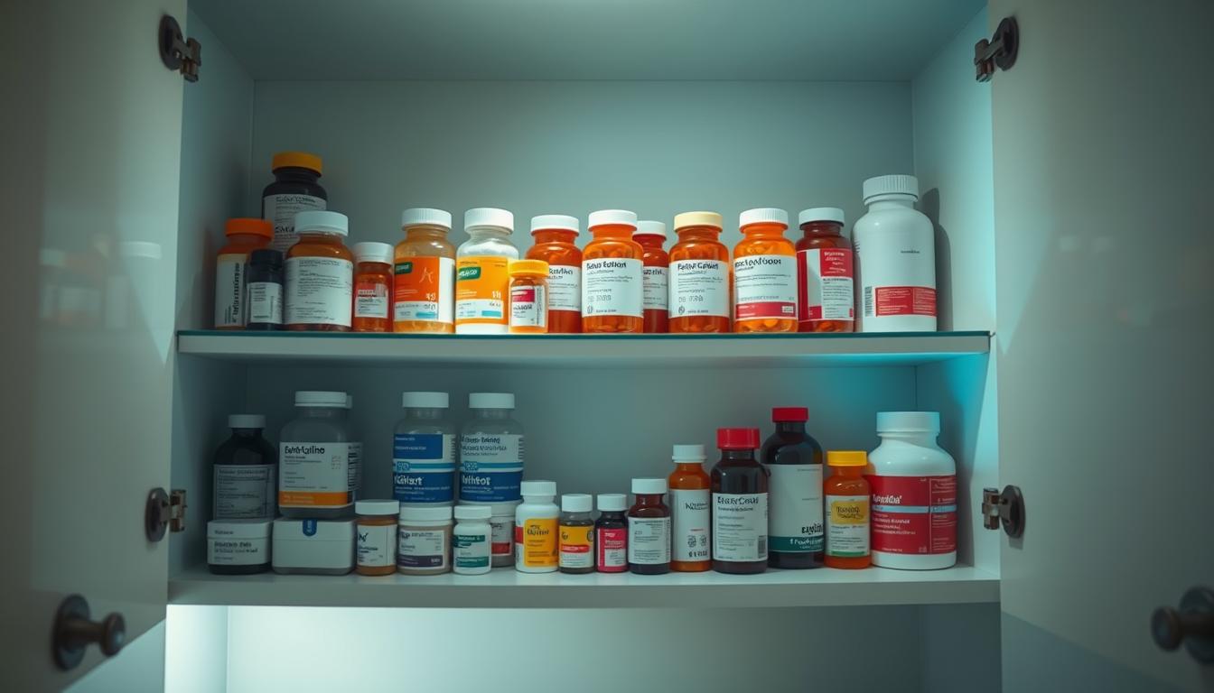 A neatly organized medicine cabinet, shelves stocked with a variety of prescription bottles and over-the-counter medications. Soft, diffused lighting illuminates the scene, creating a calming, vibrant atmosphere. The cabinet is positioned against a plain, soothing background, allowing the medications to take center stage. The arrangement of the bottles suggests a sense of order and control, reflecting the importance of proper medication management for individuals dealing with Ehlers-Danlos Syndrome and associated fascia pain. The overall composition conveys a mood of care, attention, and the potential for targeted pain relief through a thoughtful, curated approach to medication. A neatly organized medicine cabinet, shelves stocked with a variety of prescription bottles and over-the-counter medications. Soft, diffused lighting illuminates the scene, creating a calming, vibrant atmosphere. The cabinet is positioned against a plain, soothing background, allowing the medications to take center stage. The arrangement of the bottles suggests a sense of order and control, reflecting the importance of proper medication management for individuals dealing with Ehlers-Danlos Syndrome and associated fascia pain. The overall composition conveys a mood of care, attention, and the potential for targeted pain relief through a thoughtful, curated approach to medication.