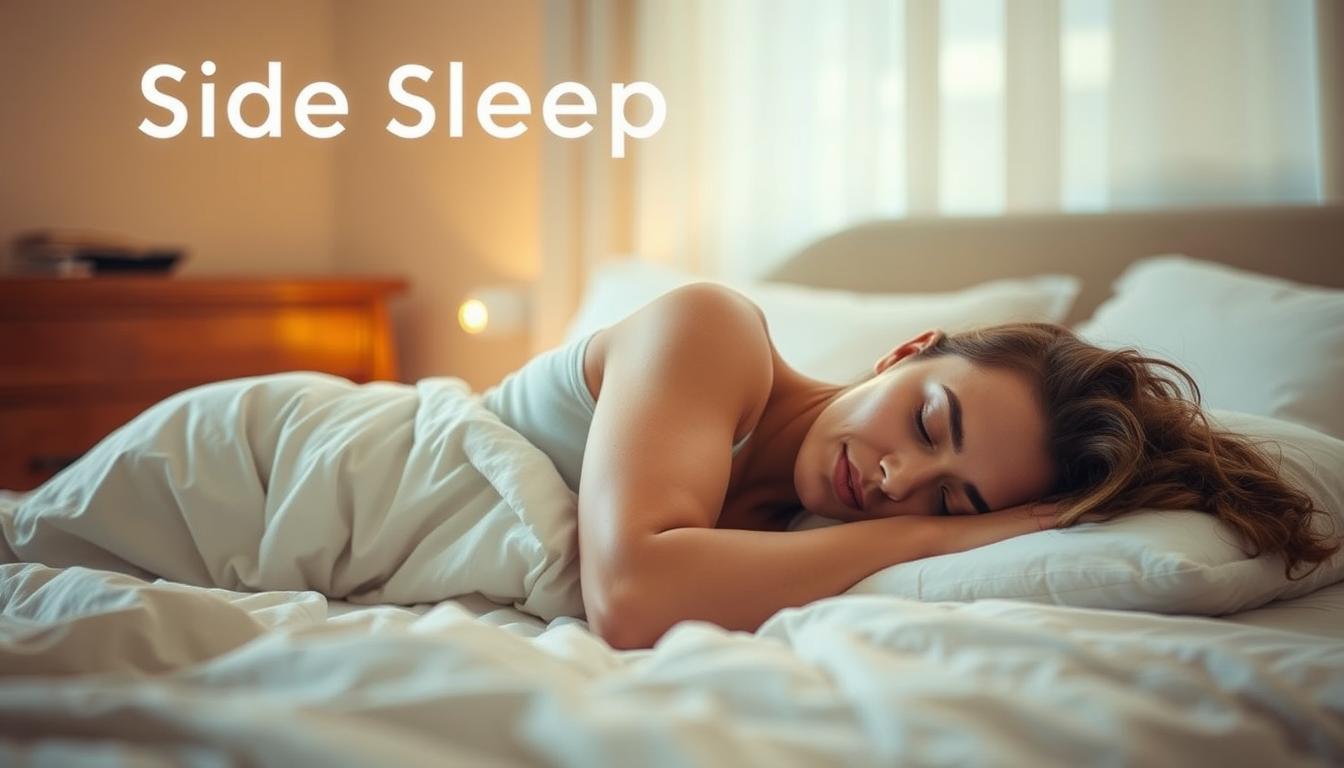 A peaceful bedroom scene with a person sleeping comfortably on their side, a soft pillow cradling their head. The room is bathed in warm, diffused lighting, creating a tranquil atmosphere. The bed is covered in cozy bedding, and the overall composition conveys a sense of relaxation and improved breathing. The pose of the sleeper suggests their airways are unobstructed, highlighting how side sleeping can reduce snoring. The image should feel inviting and visually communicate the immediate benefits of this simple adjustment.