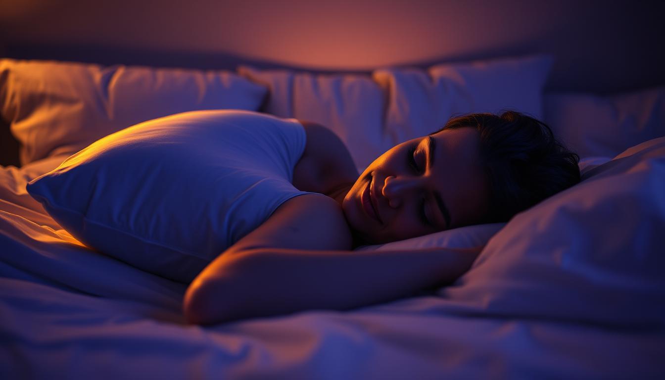 A person resting comfortably on their side, head propped up on a plush pillow, with a relaxed, peaceful expression. The bedroom is dimly lit, creating a soothing, calming atmosphere. Soft, warm lighting casts a gentle glow, illuminating the scene. The bedding is crisp and clean, inviting the viewer to imagine a restorative, snore-free night's sleep. The overall mood is vibrant, yet tranquil, capturing the essence of effective sleep positioning for snoring relief.