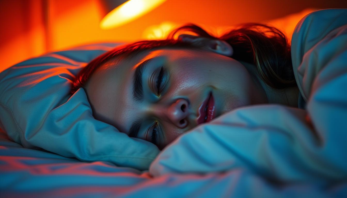 A person sleeping on their side, head resting on a soft pillow, mouth slightly open as they gently snore. The scene is bathed in a warm, vibrant glow from a nearby lamp, casting a cozy atmosphere. The bedding is crisp and inviting, with the sleeper's face in focus, showcasing the peaceful expression of deep, uninterrupted slumber. The background is blurred, keeping the attention on the sleeping figure and the act of side sleeping to alleviate snoring.