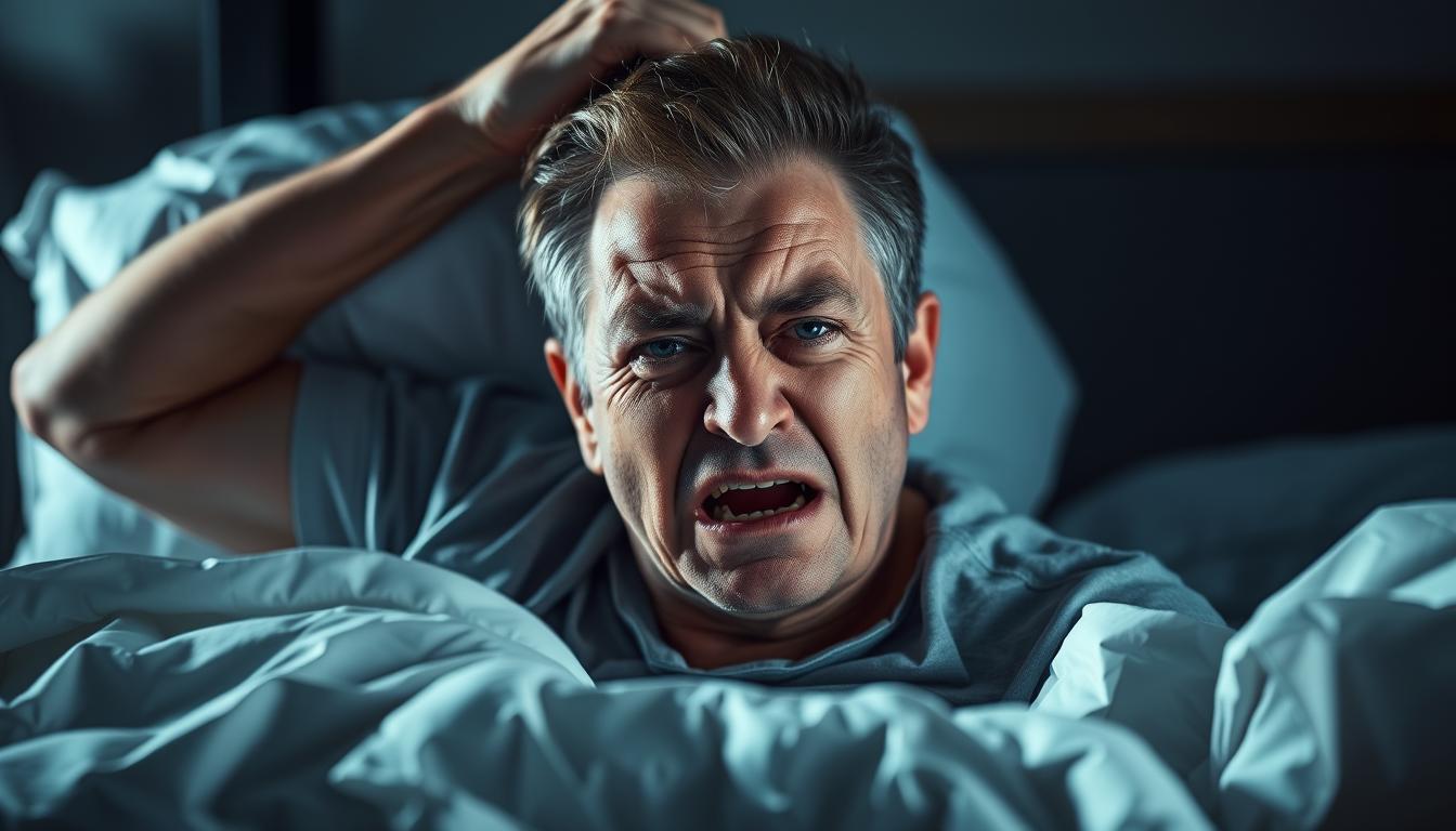 A person tossing and turning in bed, their face contorted in a grimace as they struggle with sleep deprivation and stress. Visible bags under their eyes and a furrowed brow suggest the toll of these factors. The bedroom is dimly lit, creating an atmosphere of unease and tension. The bedding is disheveled, and the person's head is tilted back, indicating the telltale signs of snoring. The scene is vibrant and dynamic, capturing the distress and discomfort of this overlooked trigger for snoring.