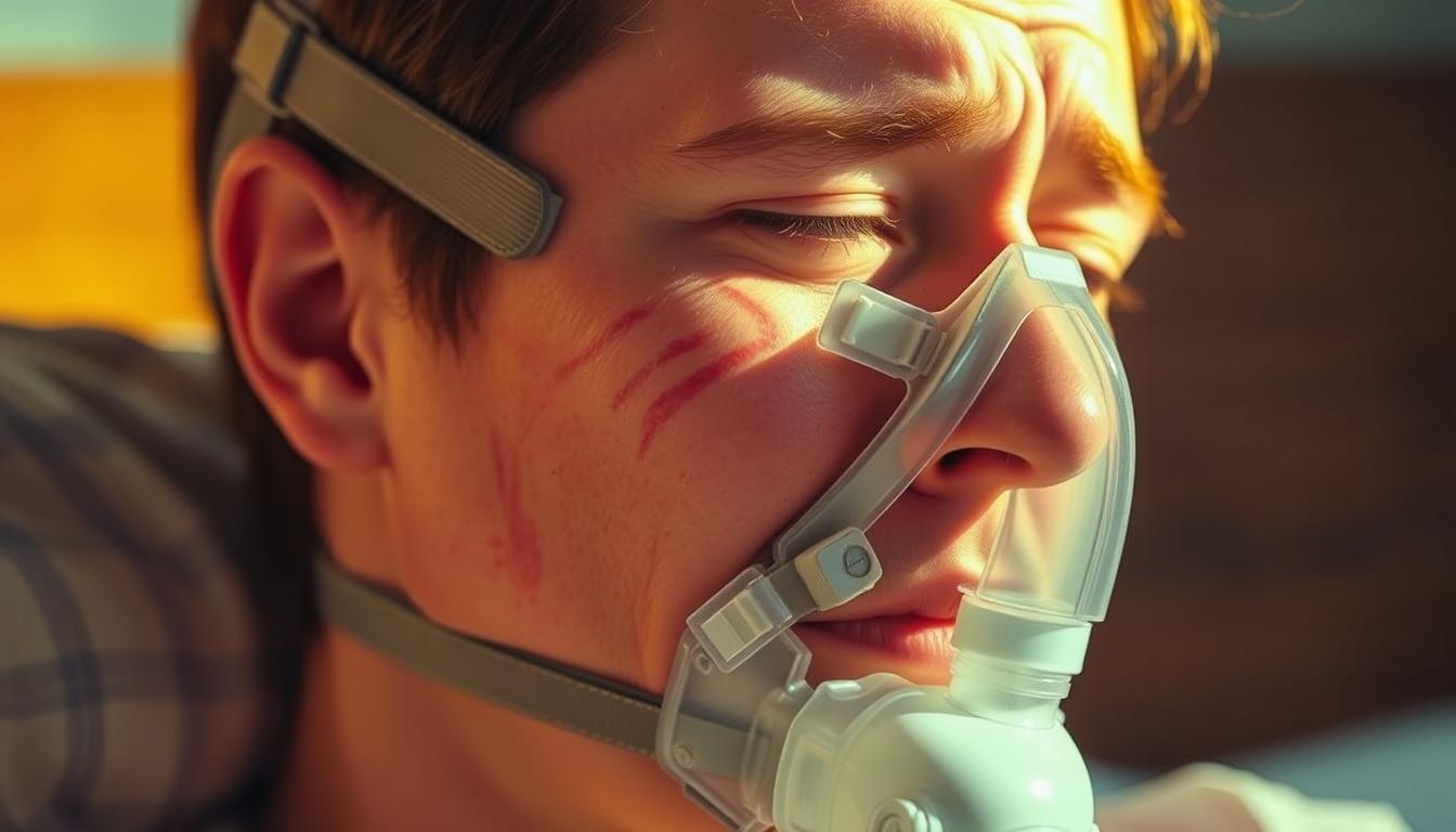 A person wearing a CPAP mask, experiencing discomfort and irritation on their face. The mask is slightly askew, causing red marks and indentations on the bridge of the nose and cheeks. The lighting is vibrant, casting a warm, golden glow that highlights the person's expression of mild distress. The background is blurred, emphasizing the focus on the person's face and the CPAP mask. The overall mood is one of a relatable, everyday struggle with the drawbacks of this medical device.