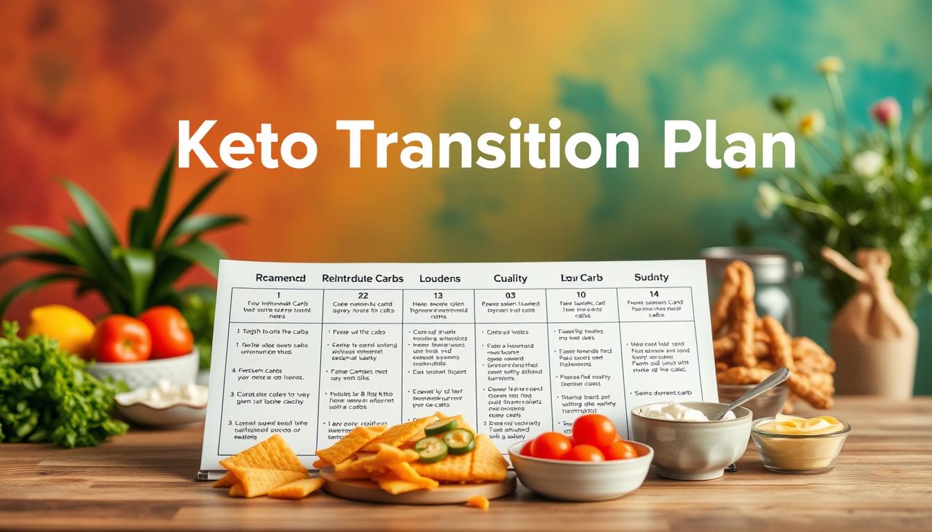 A personalized keto transition plan, meticulously crafted against a vibrant backdrop. In the foreground, a detailed roadmap outlining the steps to gradually reintroduce carbs, with carefully curated food items and portion sizes. The middle ground showcases a variety of healthy, low-carb options, each item strategically placed to guide the viewer's eye. In the background, a warm, natural setting with lush greenery and a soft, diffused lighting, creating a sense of balance and wellness. The overall composition conveys a sense of control, empowerment and a smooth, well-planned transition away from the restrictive keto diet.