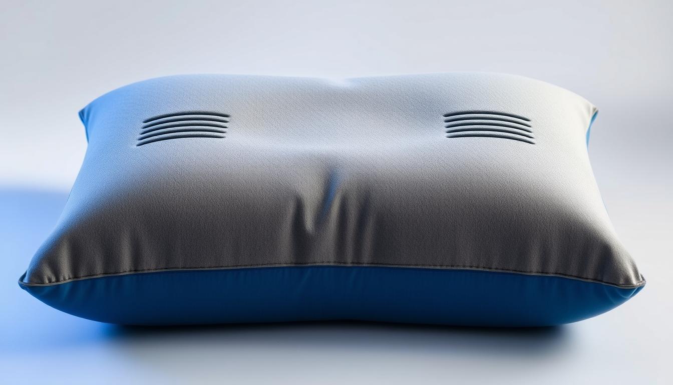 A plush, supportive anti-snore pillow for side sleepers. The pillow features a contoured design that cradles the head and neck, promoting proper spinal alignment. A soft, breathable memory foam core conforms to the curves of the body, while a premium cotton cover adds a luxurious touch. Vibrant hues of blue and gray create a calming, therapeutic atmosphere. Strategically placed vents allow for enhanced airflow, ensuring a comfortable, uninterrupted sleep. The pillow is photographed in a well-lit studio setting, capturing its high-quality construction and sophisticated aesthetic.