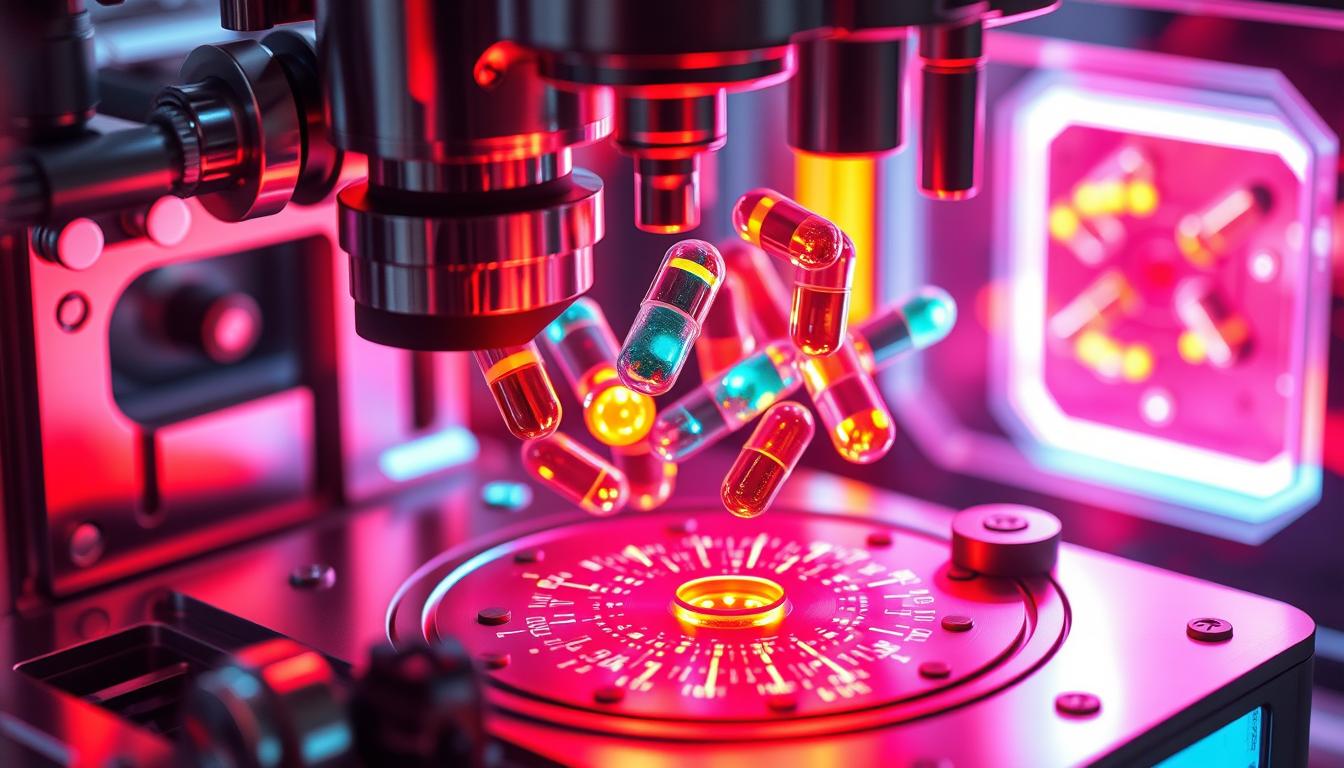 A precision-engineered apparatus levitates and gyrates targeted nutraceutical capsules, their contents glowing with vibrant hues. Sleek metallic components and holographic displays convey a futuristic, high-tech aesthetic. The device's intricate inner workings are visible, with gear assemblies and microfluidic channels pulsing with life. Intense, directional lighting casts dramatic shadows, highlighting the mechanism's complexity and dynamism. This cutting-edge delivery system promises to revolutionize the targeted administration of nutraceuticals, ushering in a new era of personalized, optimized nutrition.