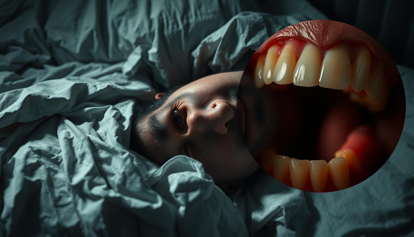 A restless sleeper tossing amidst tangled sheets, their mouth agape and jaw slightly protruding, revealing the telltale signs of sleep apnea. In the hazy background, a detailed close-up of teeth and gums, showcasing the potential impact on oral health from this dangerous sleep disorder. Dramatic low-key lighting casts dramatic shadows, emphasizing the gravity of the situation. The scene exudes a sense of unease and concern, visually communicating the detrimental effects of sleep apnea on both sleep quality and overall wellbeing.