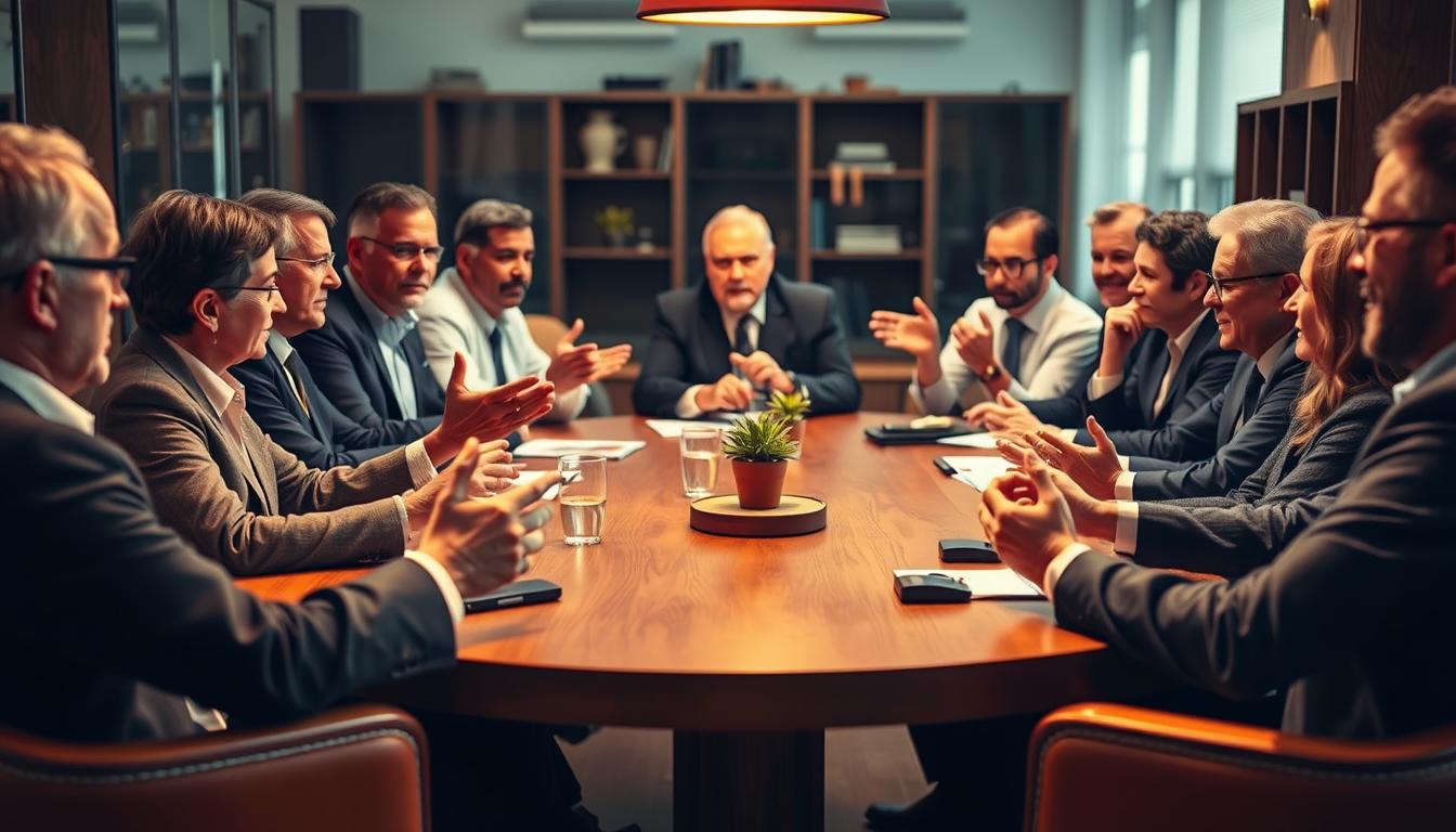 A round table of distinguished experts engaged in lively discussion, their faces illuminated by warm, vibrant lighting. In the foreground, a diverse group of professionals gesturing animatedly, their expressions thoughtful and intent. The middle ground features a polished, wooden table surrounded by comfortable chairs, creating an atmosphere of collaborative deliberation. In the background, a softly blurred environment suggests a professional setting, perhaps an office or conference room, lending an air of authority and expertise to the scene. The overall mood is one of intellectual rigor and insightful exchange, perfectly suited to illustrate the introduction to an expert roundup on the ketogenic diet and mental clarity.