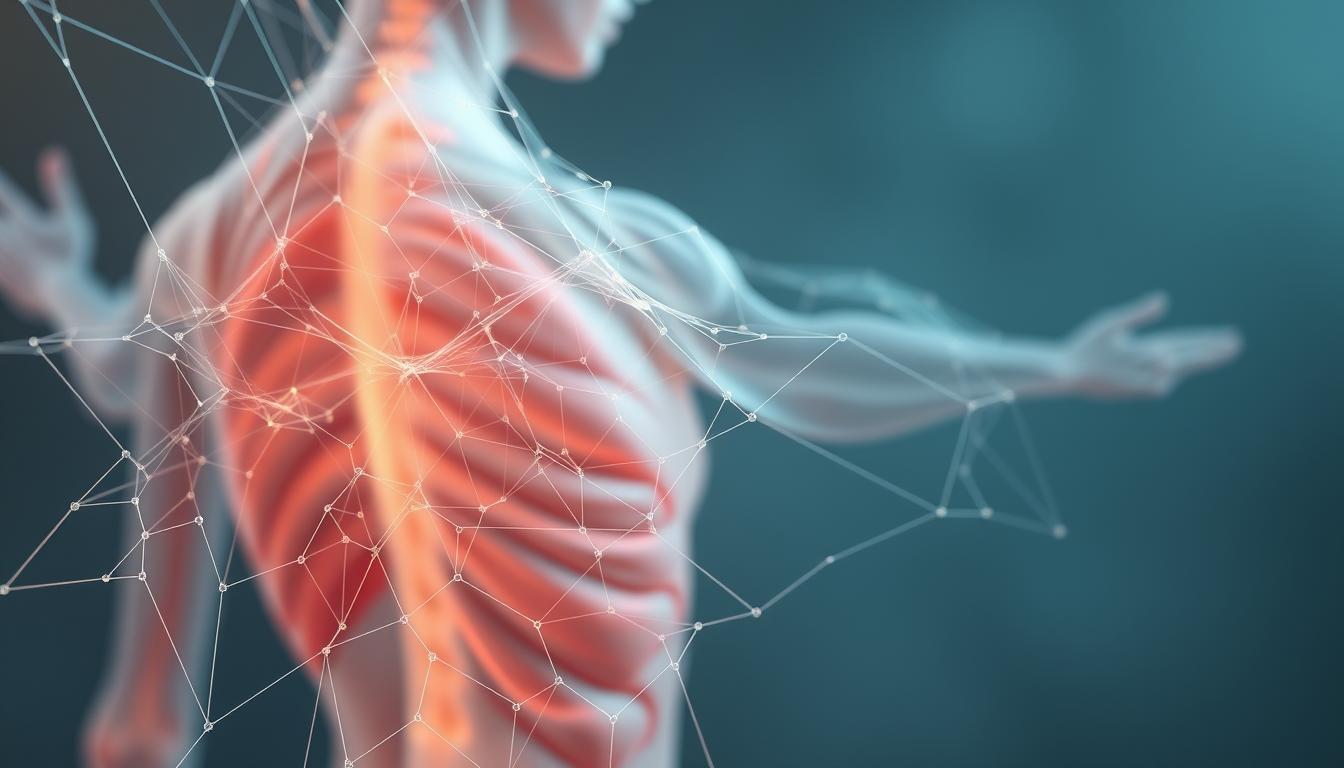 A serene anatomical study in tensegrity, showcasing the intricate, hypermobile fascia network. In the foreground, a delicate web of translucent, luminous connective tissues suspends and supports underlying musculature, creating a mesmerizing display of balanced tension. The middle ground reveals the subtle interplay of muscle fibers, flexing and contracting with fluid grace. In the background, a muted, vibrant color palette evokes a sense of organic vitality, while soft, diffused lighting casts a dreamlike, meditative atmosphere. The overall composition emphasizes the elegant, synergistic relationship between structure and movement, inviting the viewer to appreciate the body's innate tensegrity in a state of hypermobility.