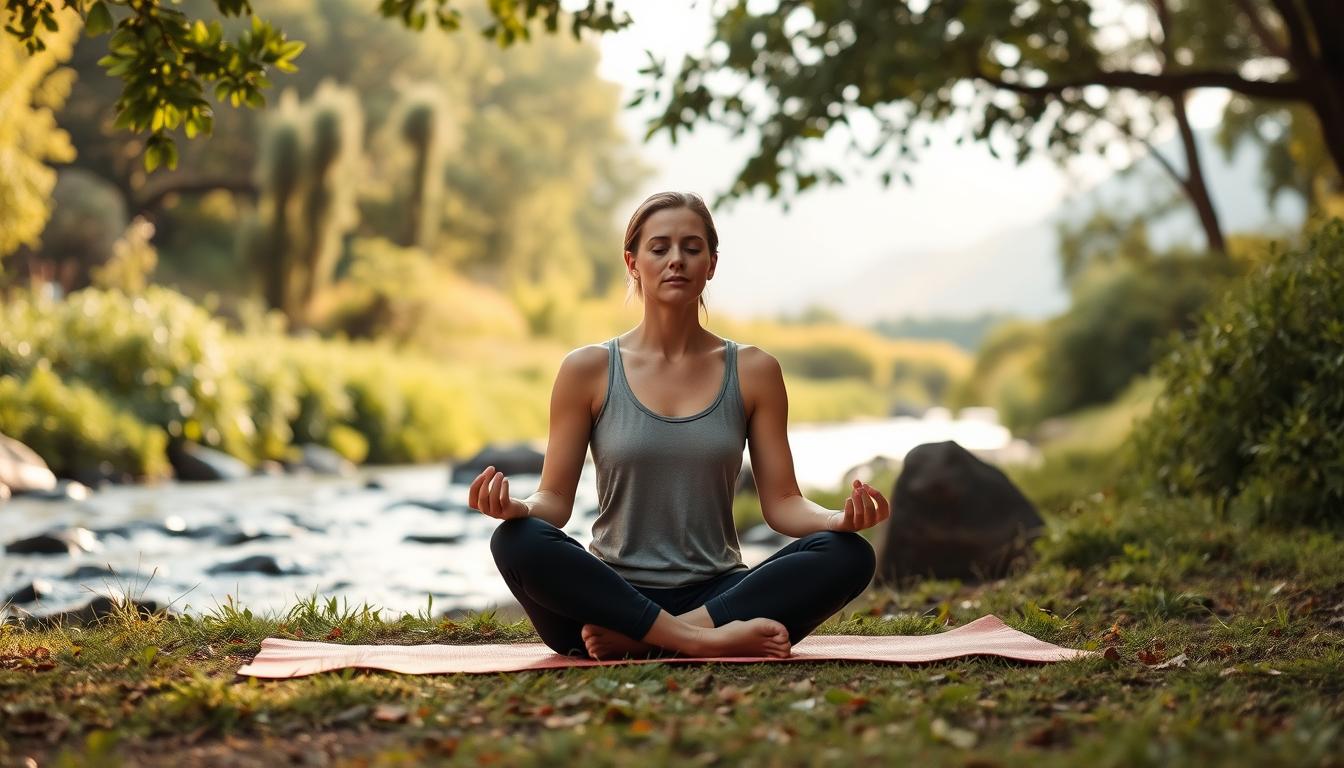 A serene and tranquil outdoor scene, with a person sitting in a comfortable cross-legged position on a yoga mat, surrounded by lush greenery and a gently flowing stream. The lighting is soft and diffused, creating a warm, calming atmosphere. In the background, there are mountains or hills, hinting at a peaceful, natural landscape. The person's expression is one of deep focus and mindfulness, reflecting the balanced and harmonious state of their CCK (cholecystokinin) levels. The overall mood is one of relaxation, rejuvenation, and a connection with the natural world, conveying the lifestyle modifications that can help regulate CCK levels.