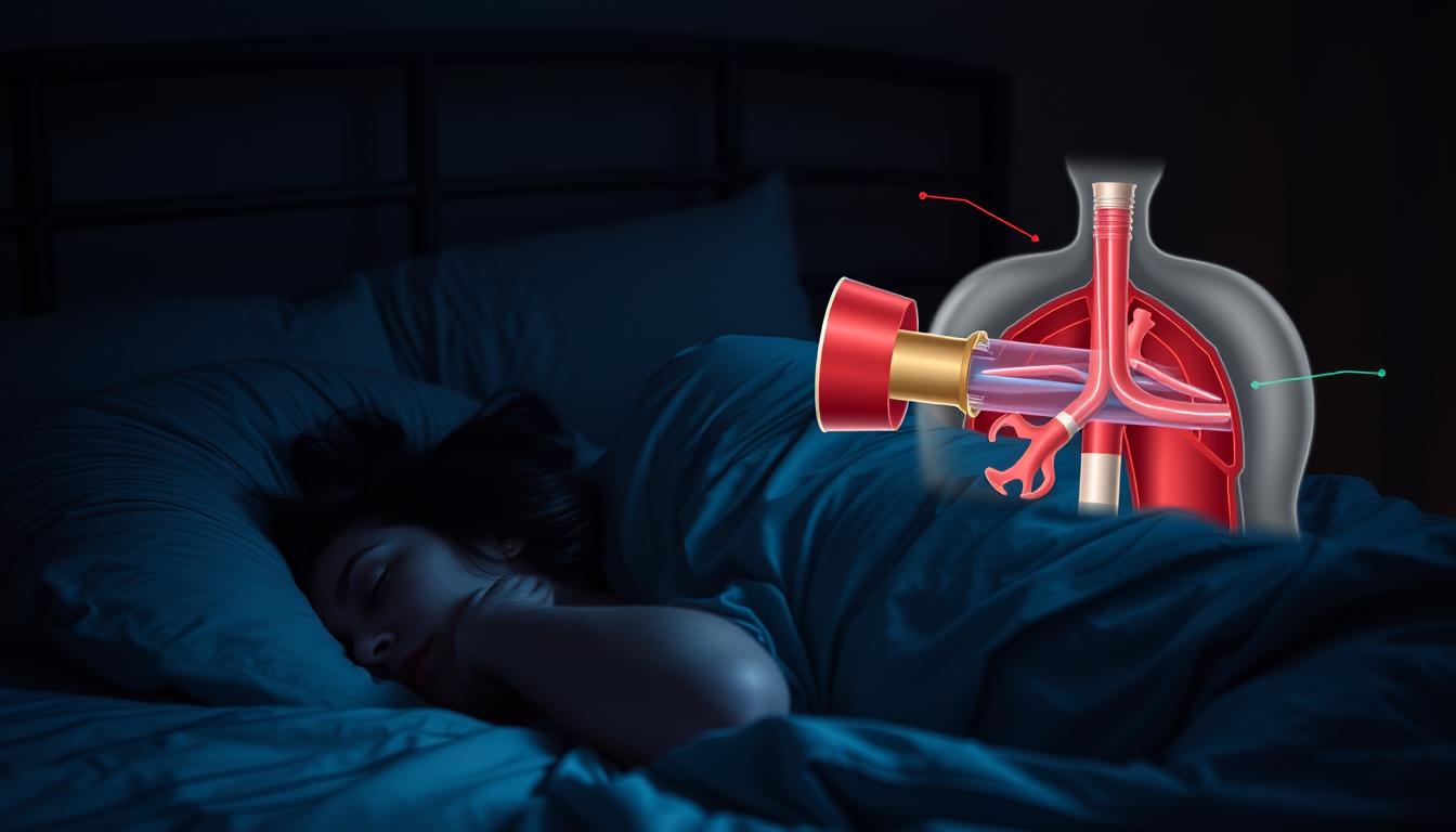 A serene bedroom scene at night, the sleeping figure tossing and turning, their face partially obscured by a shadowy obstruction. Dim lighting casts an ominous atmosphere, accentuating the signs of labored breathing - the open mouth, the restless movements, the slight bluish tinge to the skin. In the background, a medical diagram hovers, highlighting the mechanisms of obstructive sleep apnea, a vibrant and detailed illustration of the airway blockage. The overall mood is one of concern and unease, underscoring the seriousness of the condition.