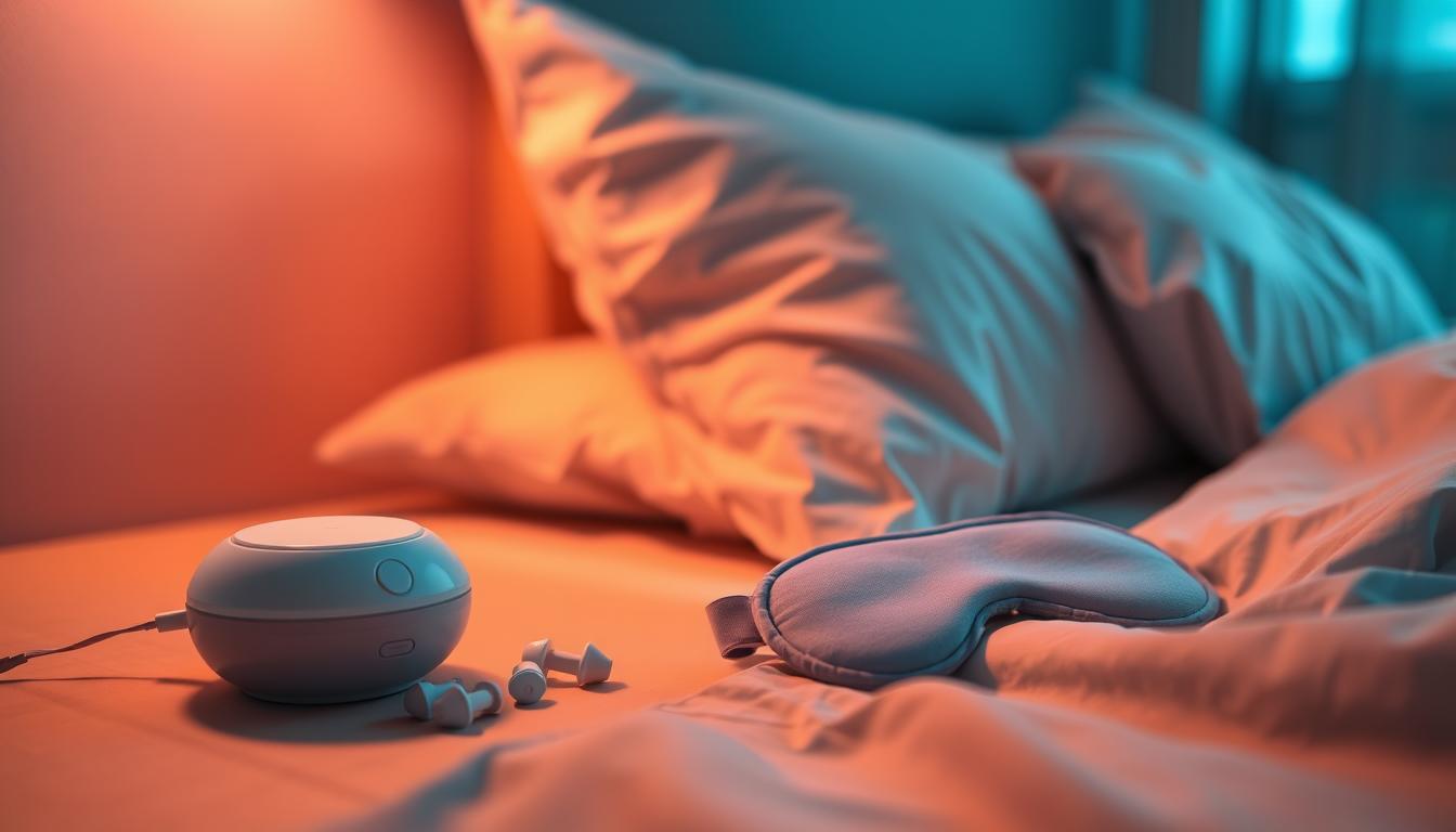 A serene bedroom scene, softly lit with warm, vibrant hues. On the nightstand, an assortment of sleep aids: a white noise machine, earplugs in a variety of colors, and an eye mask in a soothing shade of lavender. The bedding is plush and inviting, creating a cozy, sanctuary-like atmosphere. A single beam of light from a nearby window adds a touch of natural luminescence, casting a gentle glow across the tranquil setting. The overall mood is one of restfulness and relaxation, perfectly suited for a traveler seeking a peaceful night's sleep.