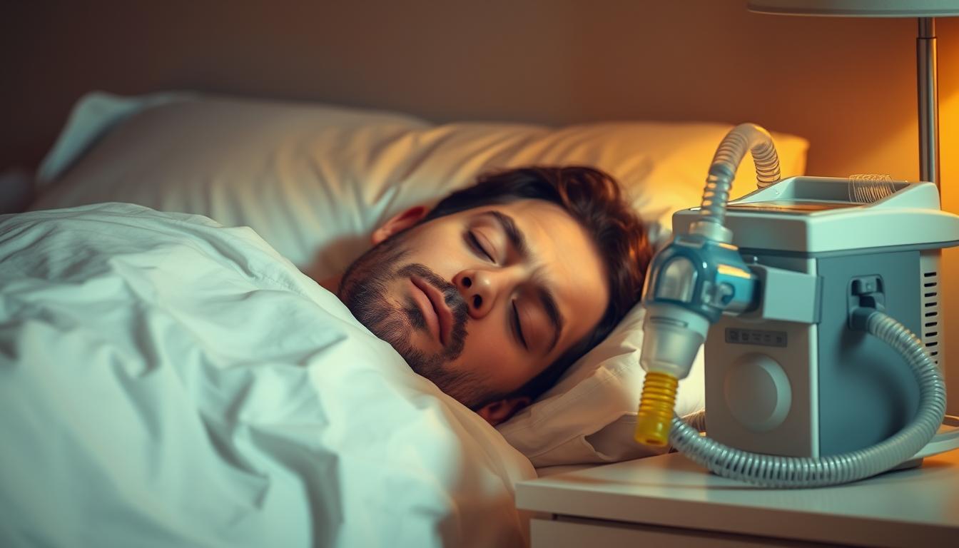A serene bedroom setting with a person sleeping restlessly, their face partially obscured by a vibrant, colorful pattern of breathing tubes connected to a CPAP machine on the nightstand. Soft, warm lighting illuminates the scene, casting shadows that highlight the person's strained expression and labored breathing. The background is hazy, blurring the details to focus attention on the central figure and the medical equipment, conveying the disruptive nature of sleep apnea symptoms. The overall mood is one of concern and unease, reflecting the impact of this condition on the individual's well-being.