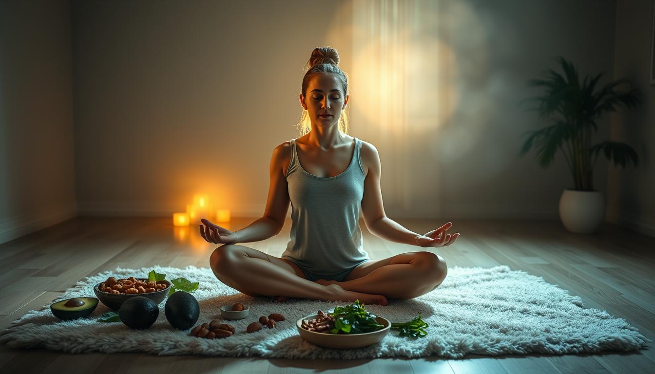 A serene, dimly lit room with a woman sitting cross-legged on a plush rug, deep in meditation. She is surrounded by an array of healthy ketogenic foods, including avocados, nuts, and leafy greens. A glowing, ethereal light emanates from the background, creating a sense of inner peace and mental clarity. The scene is captured with a soft, hazy lens, conveying a vibrant, yet calming atmosphere. The overall mood is one of introspection and mental wellness, reflecting the restorative power of the ketogenic diet.