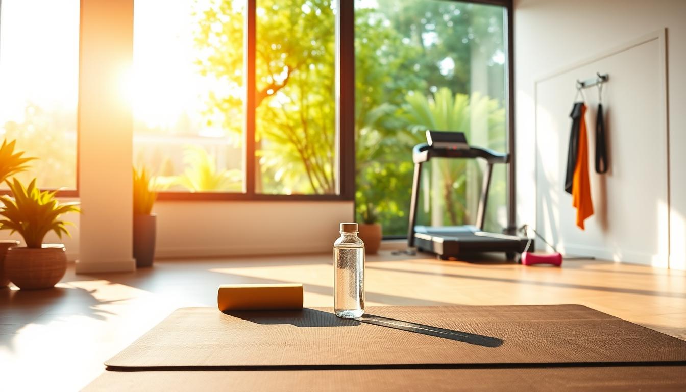 A serene home gymnasium, flooded with warm, vibrant lighting. In the foreground, an exercise mat with a yoga block and water bottle, signifying the importance of mindful movement. In the middle ground, a treadmill and resistance bands, tools for a balanced cardio and strength routine. The background features a large window, offering a tranquil view of a lush, verdant garden, creating a calming, nature-inspired atmosphere. The overall scene conveys a harmonious blend of diet and exercise, seamlessly integrated into a peaceful, rejuvenating space - a visual representation of effective strategies to improve sleep quality.