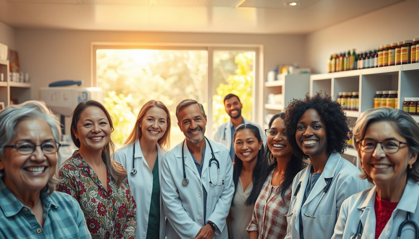 A serene medical clinic, flooded with warm, vibrant lighting. In the foreground, patients of diverse ages and backgrounds smile radiantly, their expressions conveying a sense of renewed vitality and well-being. Behind them, a team of healthcare professionals, dressed in pristine white coats, engage in thoughtful discussions, gesturing towards holistic treatment plans. The middle ground showcases state-of-the-art diagnostic equipment and shelves brimming with nutritional supplements, symbolizing the integration of cutting-edge science and personalized care. In the background, a panoramic window offers a glimpse of lush, verdant gardens, evoking a sense of harmony between the clinic and the natural world. The overall atmosphere exudes a palpable feeling of hope, trust, and the promise of digestive health success stories.