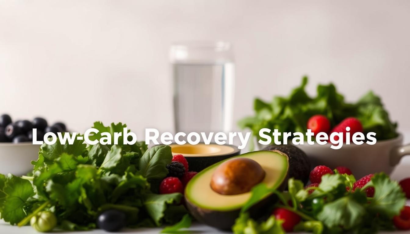 A serene, minimalist scene of low-carb recovery strategies. In the foreground, an array of fresh, nutritious ingredients - leafy greens, avocado, berries, and a glass of water. In the middle ground, a soothing, pastel-hued background with soft, blurred edges, creating a sense of tranquility. The lighting is soft and diffused, highlighting the vibrant colors of the produce. The overall mood is one of calm, balance, and nourishment, guiding the viewer towards a healthful, low-carb recovery after an indulgent social event.