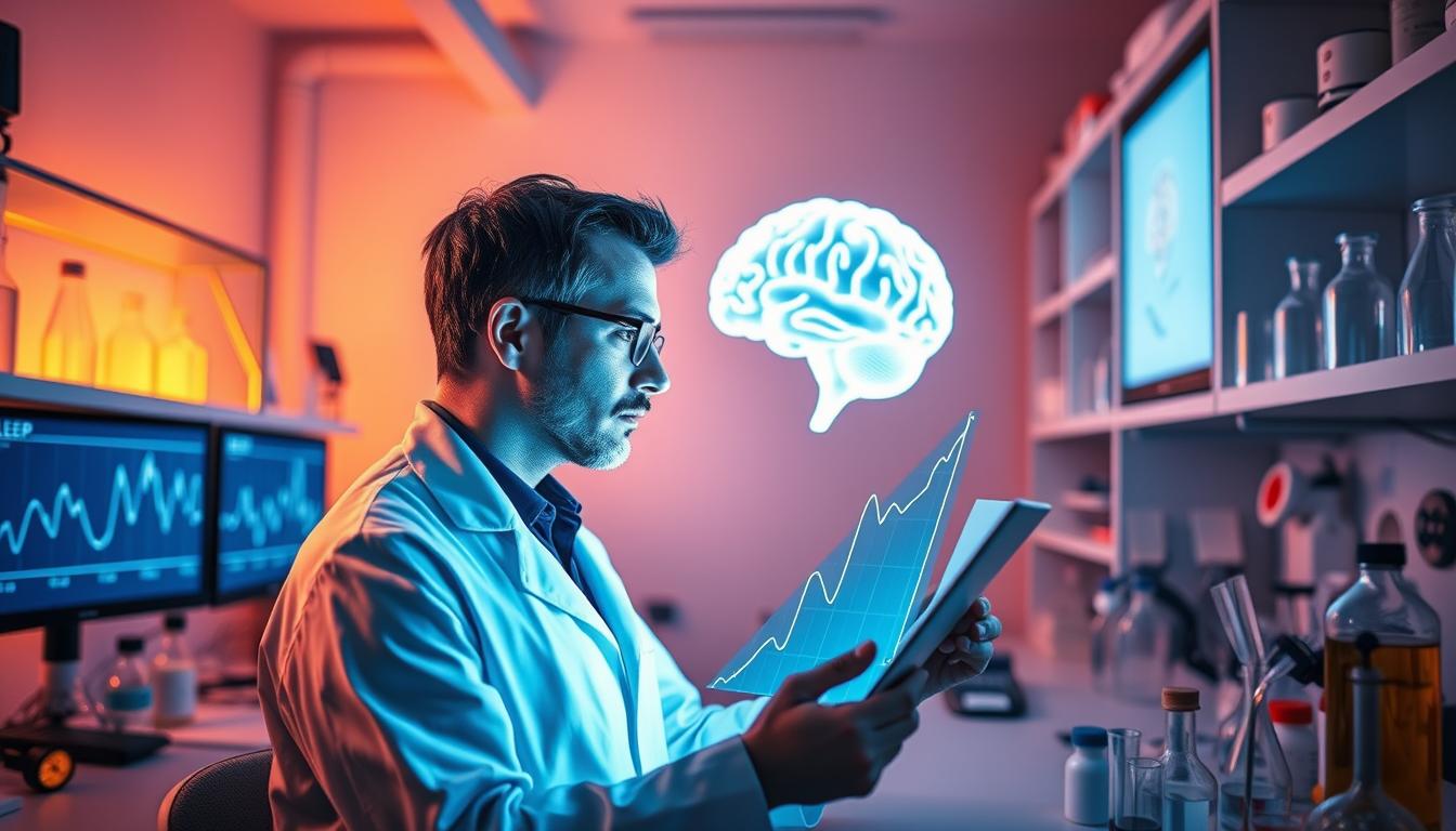 A serene sleep laboratory with a scientist intently studying a graph of sleep patterns, illuminated by the soft glow of monitor screens. In the background, a 3D model of the human brain hovers, pulsing with neural activity. Beakers and scientific instruments line the shelves, conveying a sense of research and innovation. The room is bathed in a warm, vibrant lighting that creates a thoughtful, analytical atmosphere. The scene suggests the relentless pursuit of understanding the science behind snoring and crafting effective solutions to improve sleep quality.