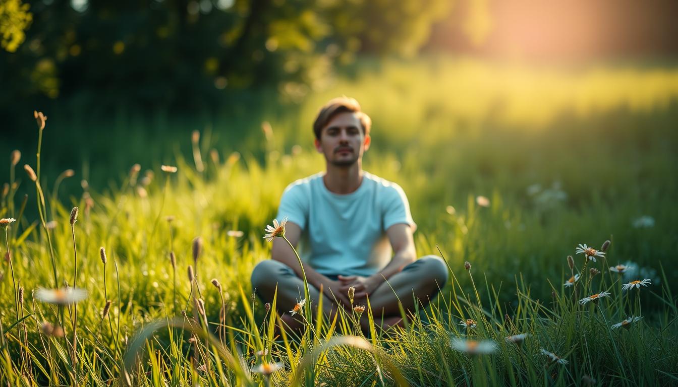 A serene, sun-drenched meadow, with lush green grass and delicate wildflowers swaying gently in the breeze. In the foreground, a person sitting cross-legged, deep in contemplation, as they navigate the phases of their keto transition. Hues of vibrant greens, soft blues, and warm tones create a calming, introspective atmosphere. The subject's expression reflects a sense of focus and determination, as they embrace the challenges and changes inherent in this transformative journey. A sense of growth and transition is palpable, like the blooming of new life. Soft, diffused lighting casts a dreamlike quality, guiding the viewer's gaze inward, to the quiet inner workings of the keto transition.