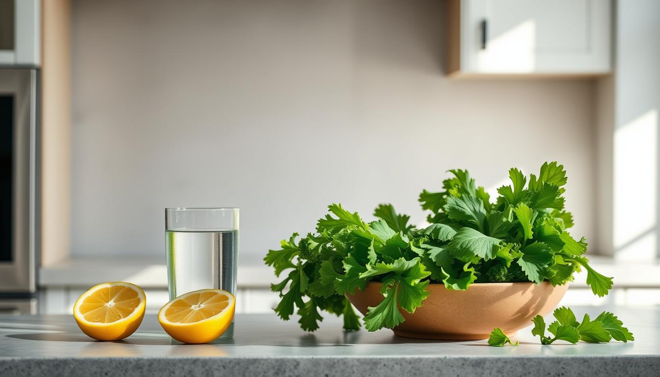 A serene, sunlit kitchen counter with a glass of water, a freshly cut lemon, and a bowl of crisp, green leafy vegetables. Diffused natural light filters in, casting a warm, inviting glow. The vibrant colors and textures create a sense of vitality and healthy, balanced digestion. A neutral gray background allows the scene to be the focal point, emphasizing the importance of hydration and nourishing foods for optimal gut health.