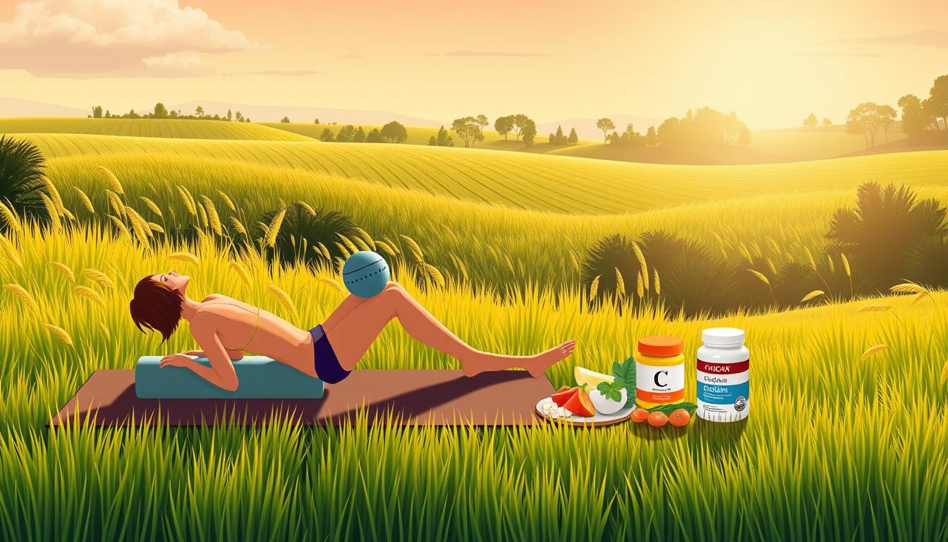 A serene, vibrant illustration depicting strategies for fascial health in Ehlers-Danlos syndrome. In the foreground, a person performing gentle self-myofascial release techniques, using a foam roller and lacrosse ball to target key fascial structures. The middle ground showcases a selection of healthy foods and supplements known to support fascial integrity, such as collagen, vitamin C, and omega-3s. In the background, a lush, verdant landscape with tall grasses and swaying trees, conveying a sense of wellness and restoration. Warm, natural lighting illuminates the scene, creating a calming, holistic atmosphere.