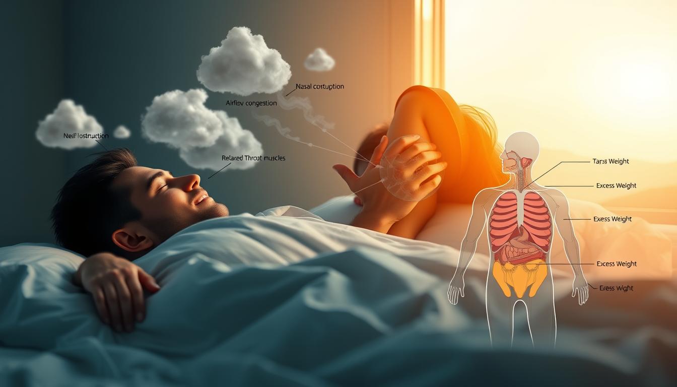 A serene, well-lit bedroom scene showcasing the causes of snoring. In the foreground, a person sleeping soundly on their back, their mouth slightly open. Surrounding them, wispy, ethereal clouds representing airflow obstructions, such as nasal congestion, relaxed throat muscles, and excess weight. In the middle ground, a detailed anatomical diagram highlighting the internal structures responsible for snoring, rendered in a clean, technical style. The background features a soothing, minimalist landscape with gentle lighting, creating a calming, educational atmosphere.