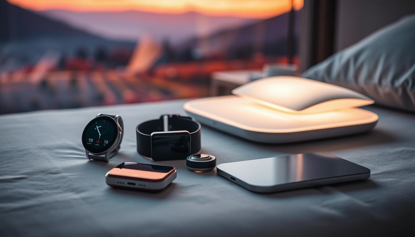 A sleek and modern sleep health monitoring setup, featuring an array of devices neatly arranged on a minimalist bedside table. In the foreground, a smartwatch with a subtle display tracks sleep patterns, while a compact sensor-laden wearable lies nearby. In the middle ground, a sophisticated sleep tracking pad rests on the nightstand, its soft glow illuminating the scene. The background is dominated by a vibrant, yet calming landscape, hinting at the restorative power of a good night's sleep.